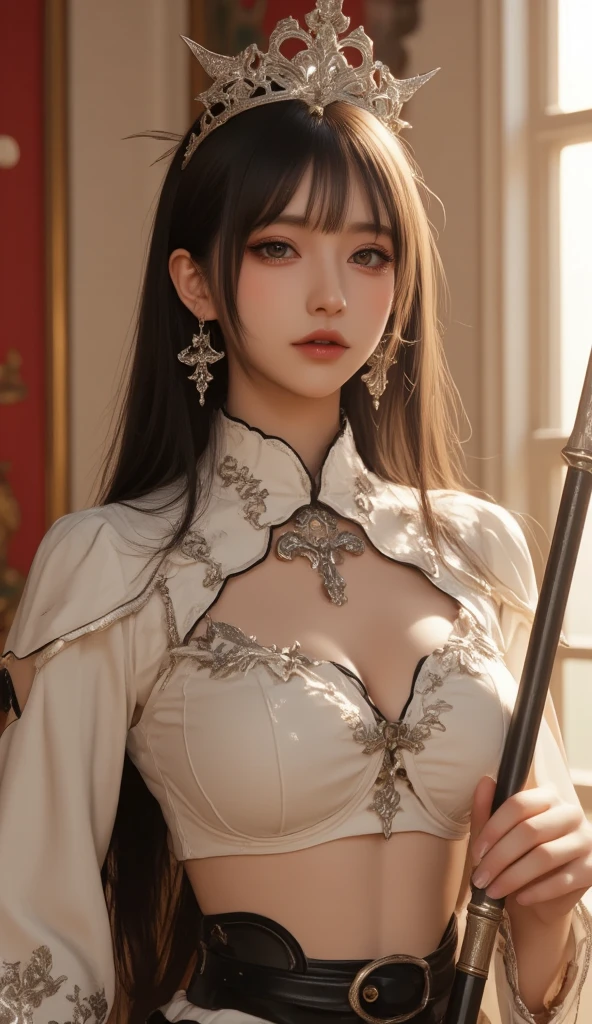 ((best quality：1.5))((masterpiece：0.8))、((Game Role Playing：NieR Automata-No.2 Type B))、((League of Legends nine-tailed fox Ahri))，Exquisite details，Key points、8K、major、lifelike、vivid、Real expression、(((solo、1 sister)、Big BreastsFat girl、Muscle Assassin、Golden hour、(Smooth and delicate skin、strong expression、metallic lipstick、(((( [Big Breasts:0.8])))))) Light person、Dynamic figure、Good looking、Sexy and charming face、Big Breasts肌肉Fat girl、Big Breasts、Big cleavage、thin waist, wide hips、Thick calves，Sitting，Hold long sword，Lifelike, ultra-detailed rendering style，Spectacularly beautiful medieval church，Colorful glass，solo，BREAK;BREAK((((white long straight hair，Shadow Gothic Eyeshadow)))),(((Body tattoos：0.8)) ) ), ((Fuji color) ) ， rest;   BREAK((Medieval Paladin，(White gorgeous and exquisite ultra-low cut，White patterned thong，Sheer tulle long cape，Transparent pattern stockings，Gorgeous and beautiful long white riding boots，：1.7，Holding a white sword，((sacred，sacred symbol，sword，Fatal））），Reality，Fat girl，Beyond Reality）））