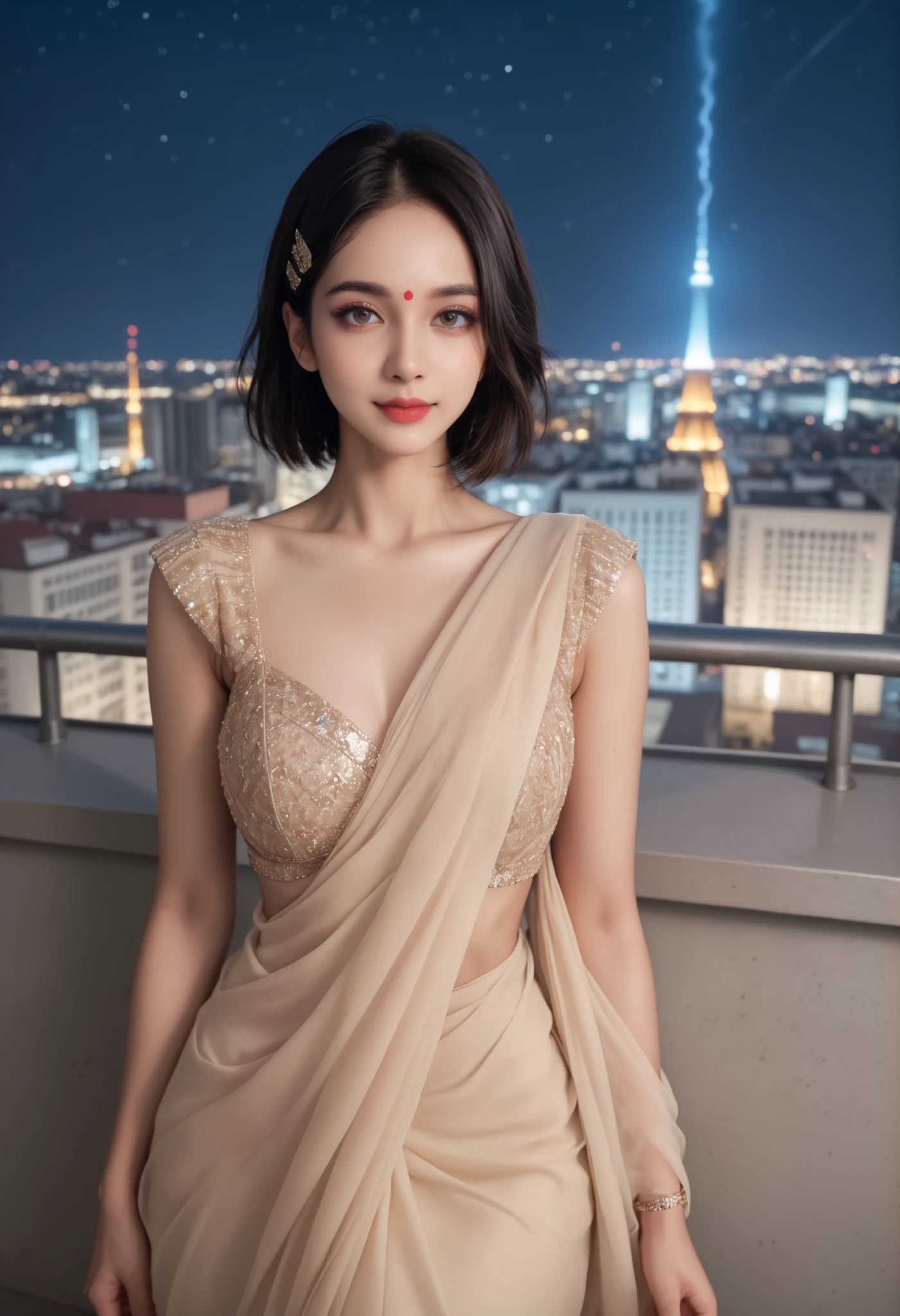 (dark sky, dark env, night time, cinematic lighting, motion blur, galactic sky, tiny moon, background destroyed city, war, on a high skytower), Cara,Russian race, european race, Height 160cm, Adult, 21 years old, makeup-less,black hair, raw face, natural face, makeup-less, pretty, concise hair, short hair,hair clips, Indian saree, wearing saree, saree, soft smooth normal figure, medium body weight, hands behind back, medium big breast, looking at the viewer,eyes on viewer, both eyes on viewer, full face on viewer, clear face on viewer