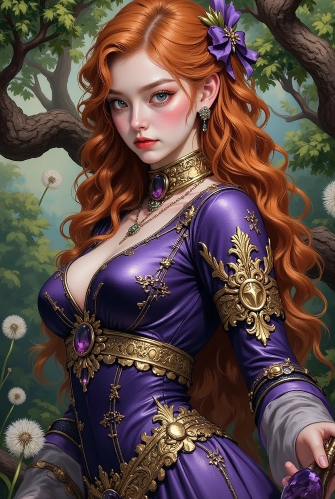 redhead queen, tall, blue eyes, perfect nose, fat, round face, straight eyebrow god, purple dress,(big-breasted:1.5) full body