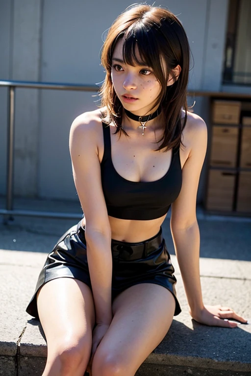 1litle girl, cute, children, 20 years old, sexy body, seductive expression, look at viewer, tank top cyberpunk style, water in underpants, photo, animal ears, cat, big breasts, realistic, best quality, pose sexy model, smile, sitting, shoes, white background. 