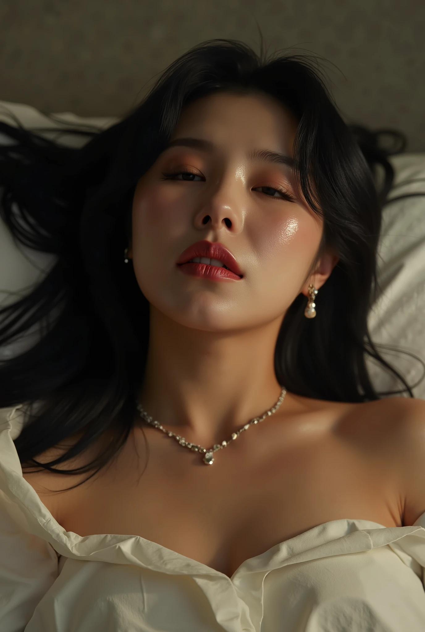 ((( real、live-action、reality、High image quality)))do, best quality , ( High Definition CG Unity 8K Wallpaper ), ( best quality ), edge orgasm 、faceフォーカス、 woman with her mouth open and eyes closed 、korean women with an edge_face、40years old、 black hair、 on the bed、((sweat) ),((sweatで光る肌))((sweatで光る鎖骨,sweatで光るface)),((sweatだくの肌))((sweatで濡れた肌)), wh3ein
