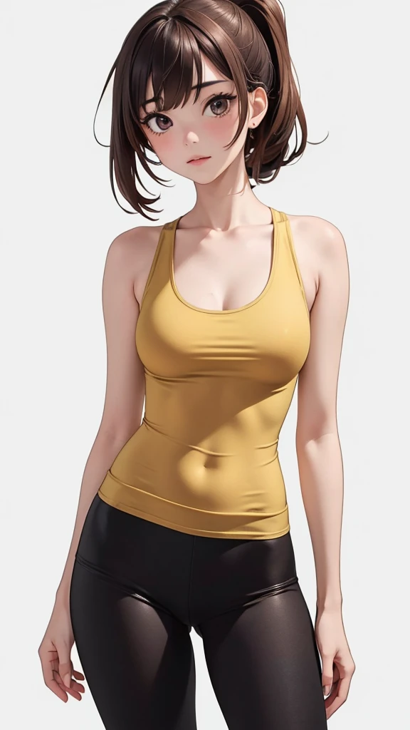 16K、masterpiece、High resolution、((18-year-old female))、Very large breasts、(((thin, A skin-tight yellow sports bra))、((黄くthinスポーツレギンス))、Captivating look、((Keep your hands on your hips))、Very close、Angle from below