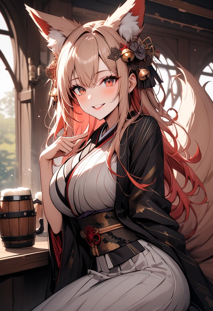 Masterpiece, Best quality, A high resolution, 1girll，(head portrait:1.5)，Headshot，Portrait photo, (standing on your feet:1.4)，Close-up shot，Blonde hair, Medium hair, Asymmetrical hair, Floating hair, hair between eye, High ponytail, side locks, hair adornments, fish hair ornament, nipple tassels, kanzashi, bangs, Orange eyes, Open mouth, Smile, teeth, Upper teeth only, choker necklace, Red necklace, pendant choker, butterfly choker, 鎖骨, tattoo,Half of your body is in the water，hot onsen， chest tattoo, flower tattoo, cleavage, Medium breasts, Thighs, Bandages, bandaged leg, Arashi, Budget Arashi, Chest sarashi, black sash, hadanugi dousa, houkisei, Japanese clothes, komono, Kinchaku, Obi, Obiage, obijime, orange kimono, pouch, print kimono, Cord, sash, shimenawa, Short kimono, Single bare shoulder, visions (Genshin Impact), east asian architecture, Cherry blossoms, Single glove, Single fingerless gloves, arms  cuffs, Sitting, Legs together,
