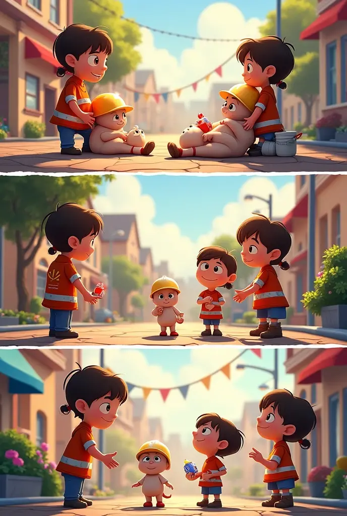 A Pixar-style drawing about the 3 steps of first aid: protect, warn and rescue the injured