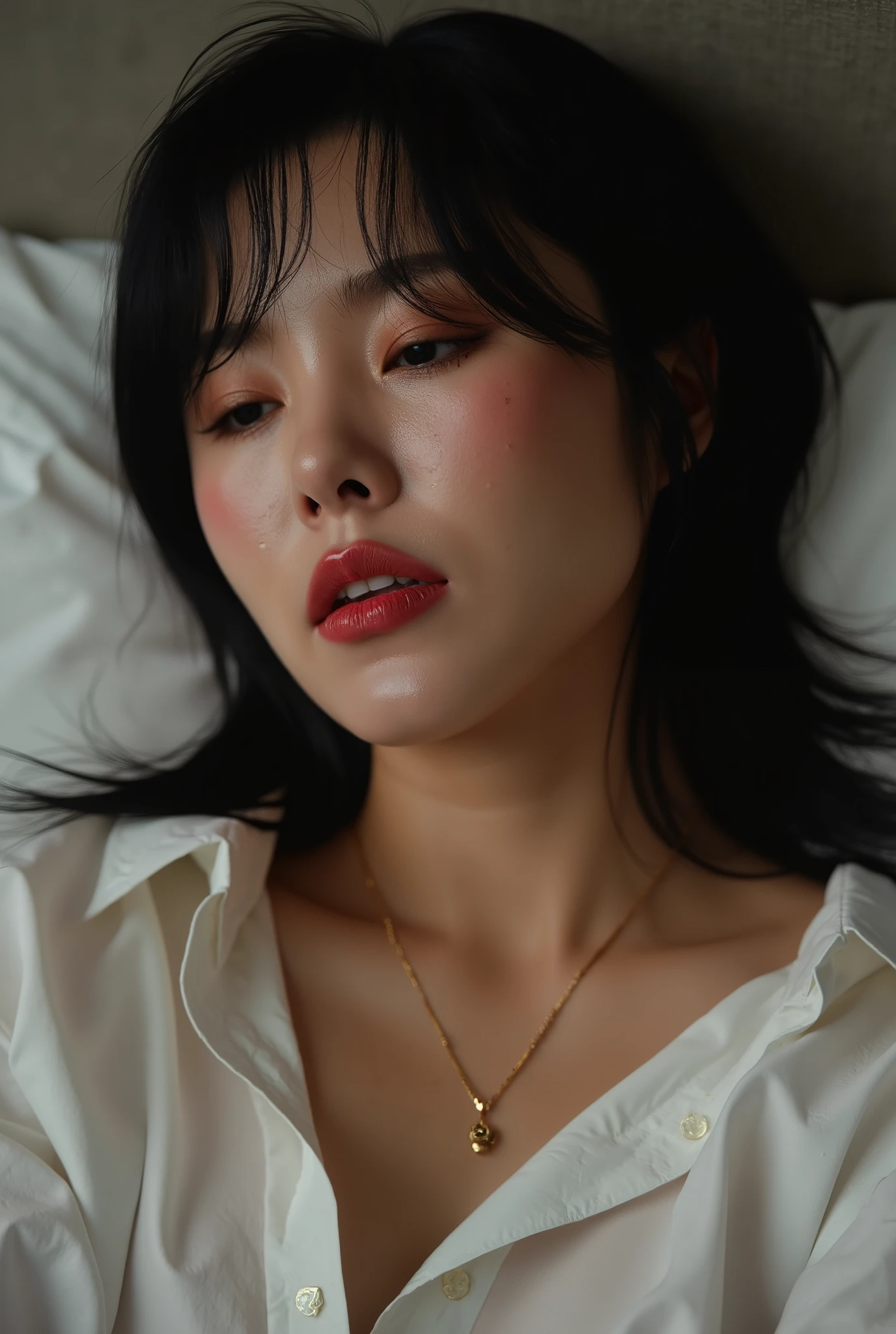 ((( real、live-action、reality、High image quality)))do,  best quality , ( High Definition CG Unity 8K Wallpaper ), (  best quality ), edge orgasm 、faceフォーカス、 woman with her mouth open and eyes closed 、korean women with an edge_face、40years old、 black hair、 on the bed、((sweat) ),((sweatで光る肌))((sweatで光る鎖骨,sweatで光るface)),（(sweatだくの肌))((sweatで濡れた肌)), wh3ein