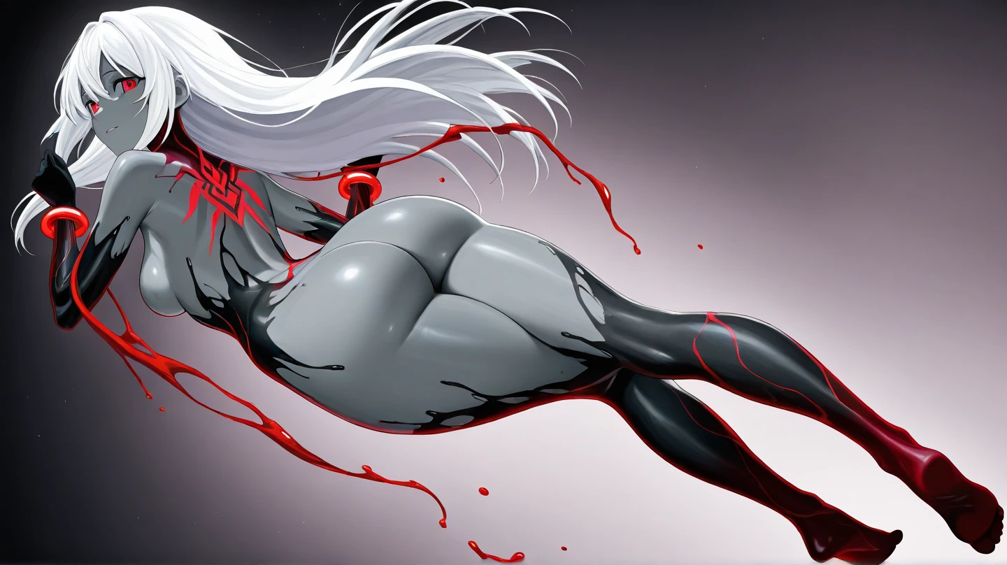 Black full body suit huge tit Big ass seductiv a smile Obscene lines Whip thighs succubus Red lines all over the body Turn around