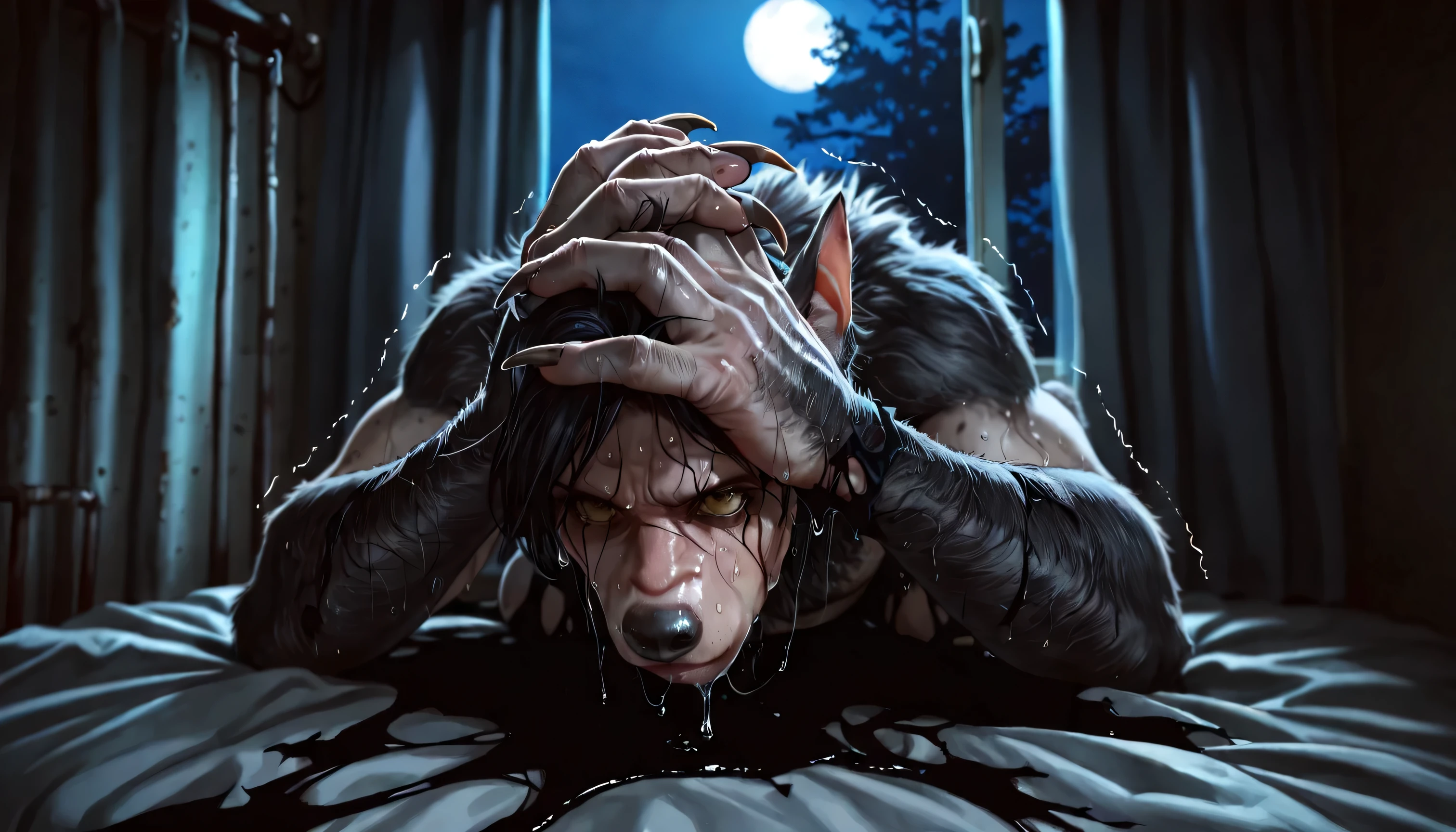 Pov, looking at own body, own hands, Werewolf:1.3, Werewolf transformation, body, morfing, paw:1.3, animal toes, grey thick fingers, claws, ((fur)), shaking:1.1, sweating, thick fingers, torn clothes, torn socks, deep night, ((darkness, dramatic moonlight, night)), abandoned hospital, ((Ultra-detailed, Realistic, realistic:1.37), 4k, 8k, RAW, HDR, UHD, Canon EOS P3, Canon EOS R3, 85mm f/1.4, 15mm, 35mm, 80mm, f2.8, high resolution, hd, full colour, 4k, high definition, sharp focus, smooth, Professional, cinematic, extreme detail, (high detail:1.4) description, masterpiece, deep shades, best quality,))