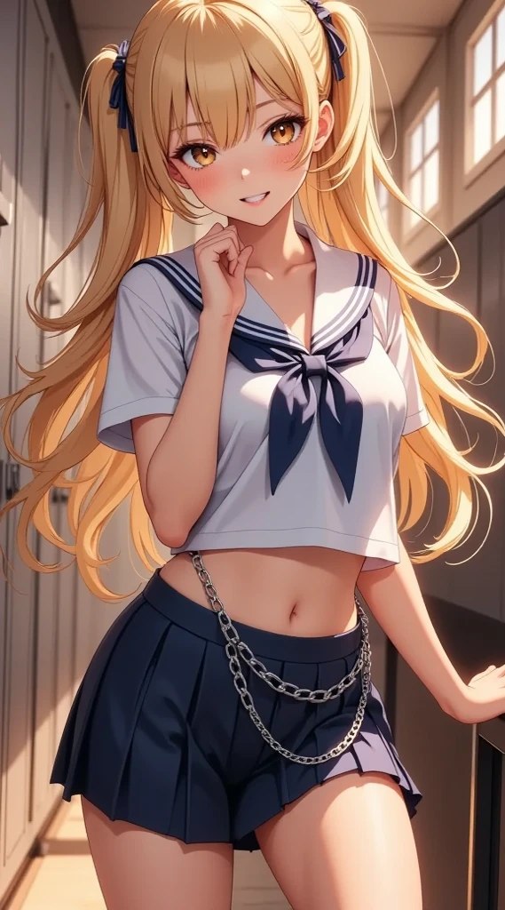 Beautiful illustration、top-quality、cute girl ed room、yellow hair、length hair、(((Yellow pleated skirt)))、(((Yellow sailor suit)))、shortsleeves、Colossal tits、a navel、Flipping up the skirt with your hands、Show white panties、Please lift up your skirt and show me your panties.、pale blue eyes、on the beds、lovely thighs、glowing thigh、Floating hair, Wind,