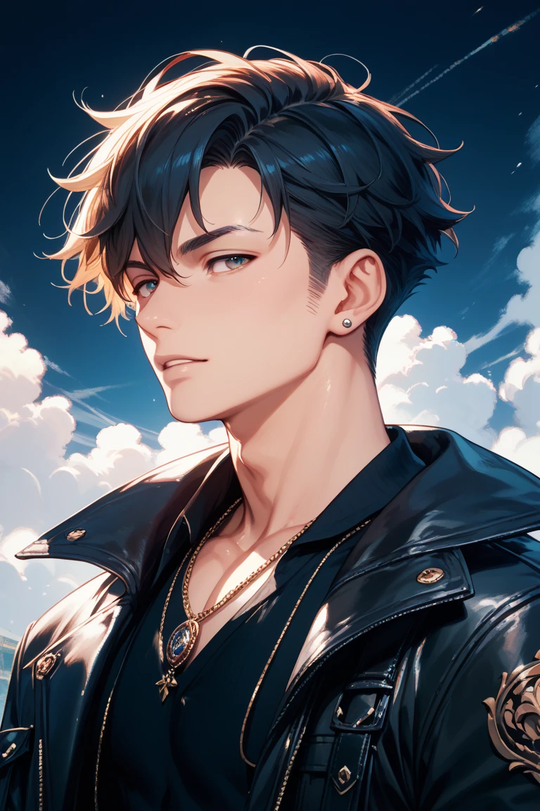 A young man with upper body, straight face, short black hair, black storm jacket, hand supporting chin, looking thoughtful