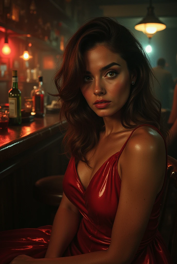 A beautiful and cute (: 1,5) Slavic girl sitting in a dimply lit party bar wearing suggestive red dress while smiling seductively