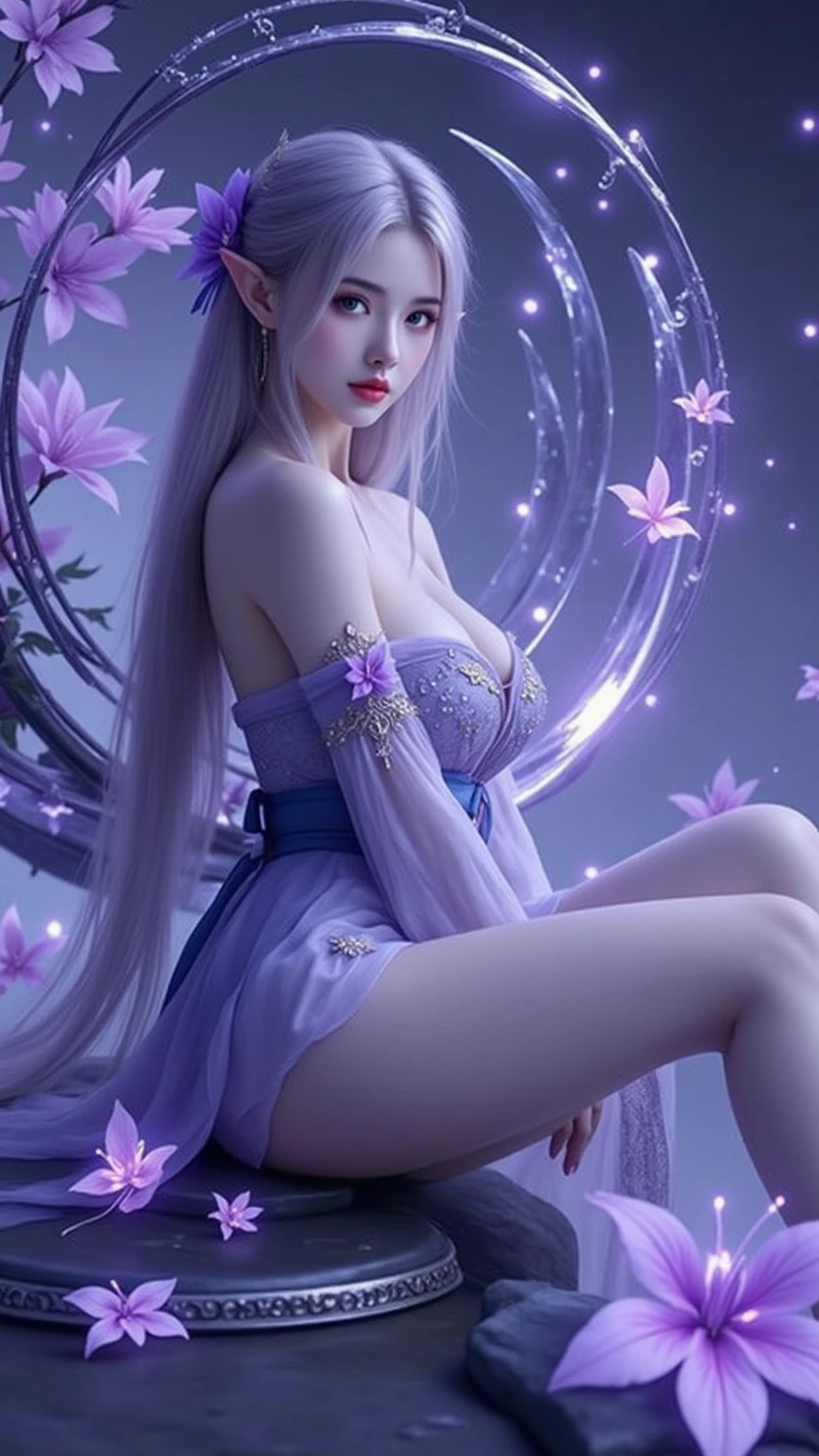 NSFW:1.5,Masterpiece, Best quality, 1girls, (Colorful),(delicate eyes and face), volumatic light, Ray tracing, Bust Up Shot ,Passing the eyes of God，Slender legs，Barefoot，Extremely detailed CG unity 8k wallpaper,独奏,Make a smile,((flying petal)),(Flowery meadow) Sky, cloudy day_Sky,moonbeams, Moon, Night, (Dark theme:1.3), Light, fantasy, aeolian, magic sparks, dark castle,White hair,God's perspective
