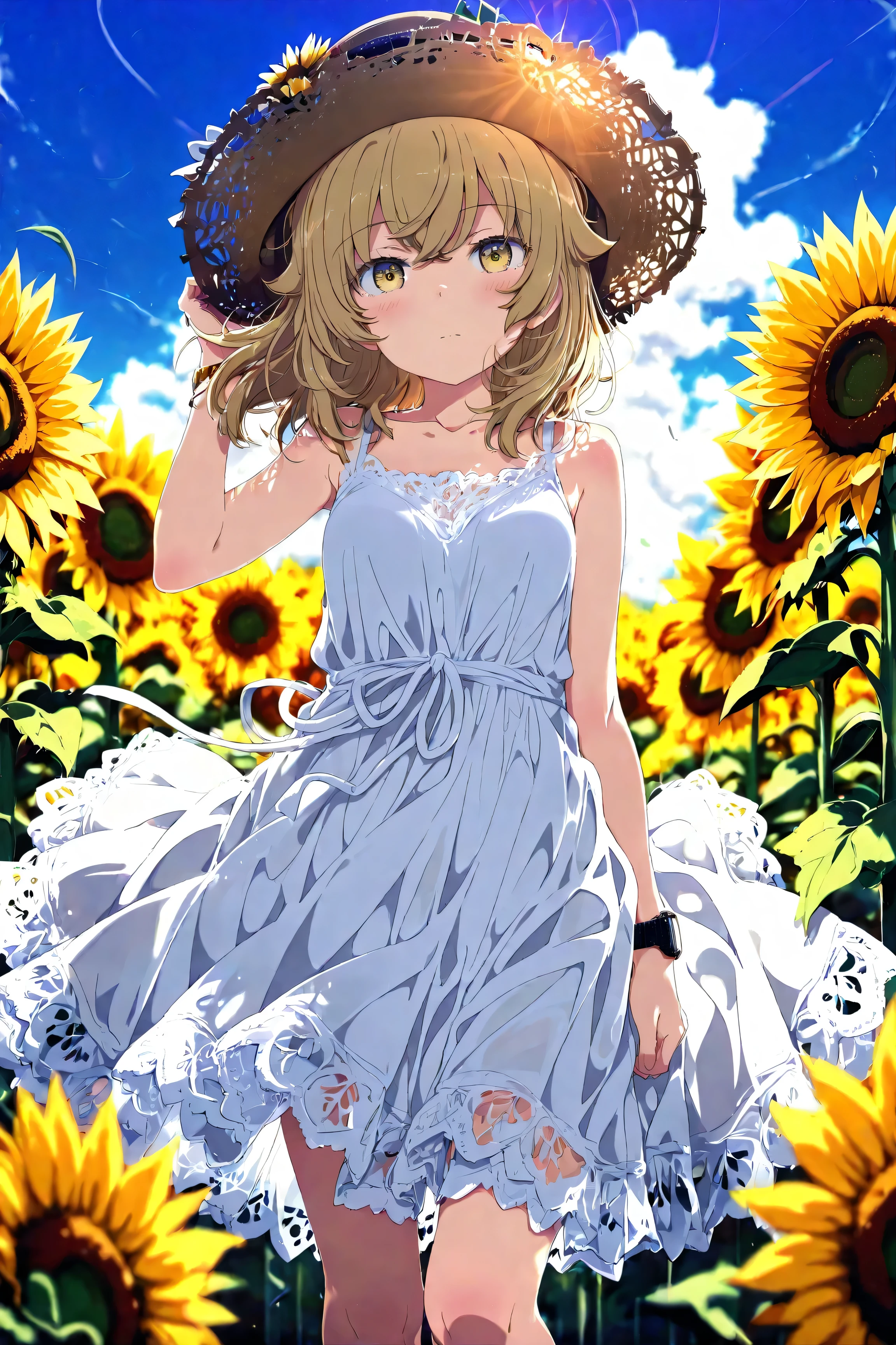 high-definition picture ,fuwa aika, One Girl ,Alone, ( white lace dress:1.2), Relaxed Dress (sun visor hat:1.2), Sunflower field, in the sun , ogipote, Watch Viewers , wind, dynamic, Strong Light and Dark ,dynamic pose