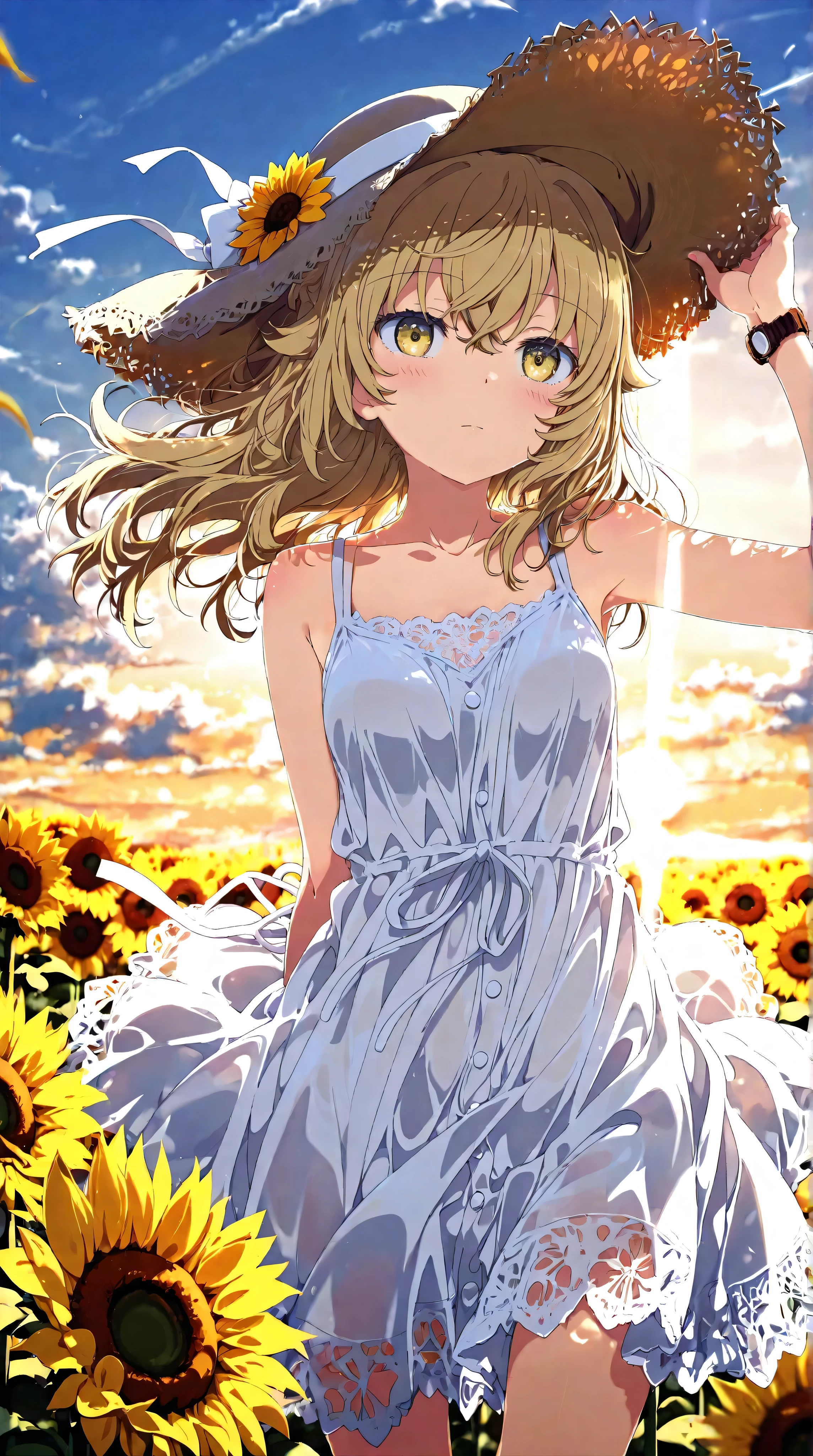  high-definition picture ，fuwa aika, One Girl ,Alone, ( white lace dress:1.2), Relaxed Dress (sun visor hat:1.2), Sunflower field,  in the sun ,  ogipote, Watch Viewers , wind, dynamic, Strong Light and Dark ,dynamic pose