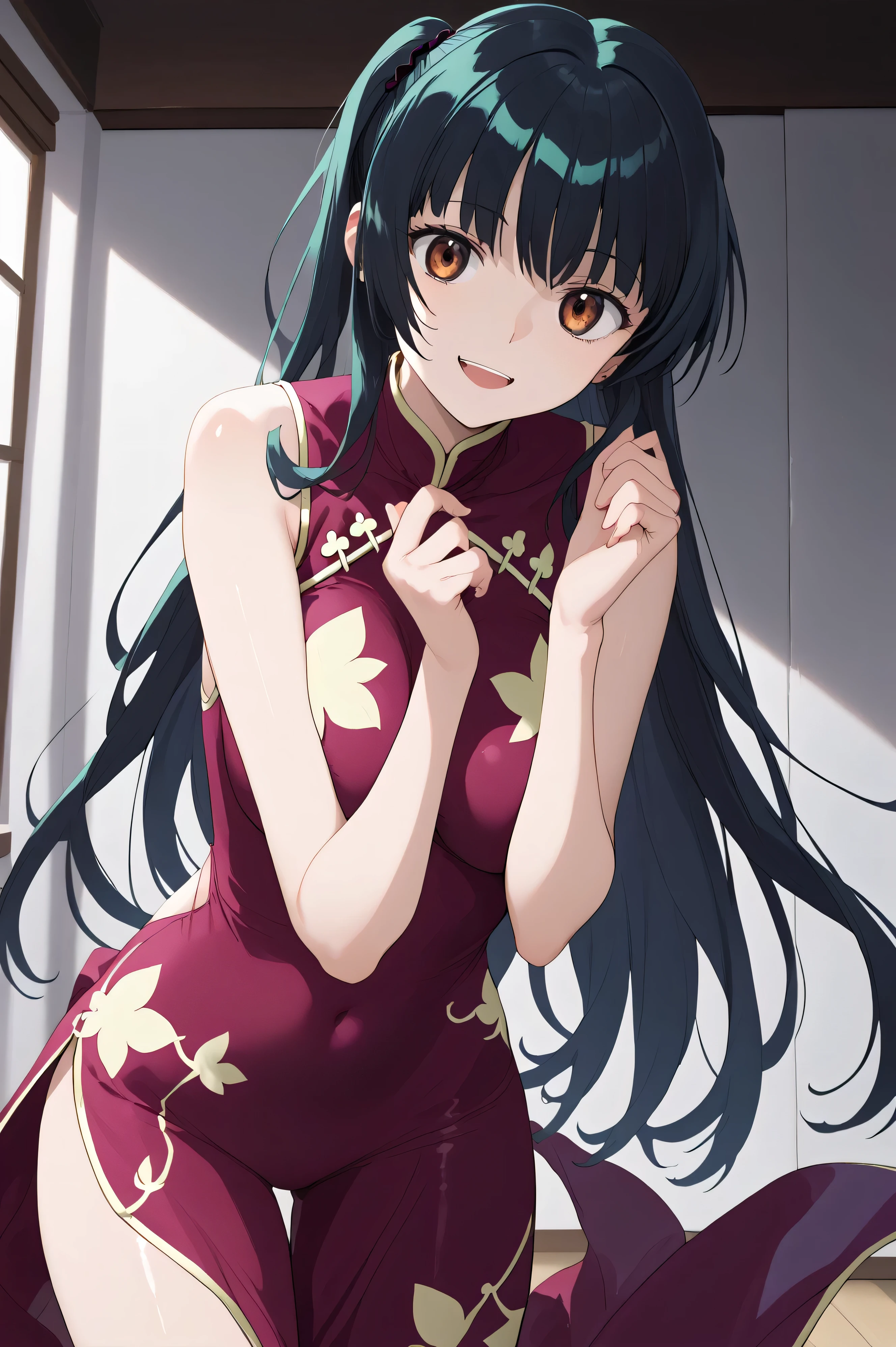 score_9, score_8_up, score_7_up, , Sua_anime, Wang Liumei , 1 girl, solo, , double bang, China Dress, twin blade, dark green hair, cowboy shooting, very long hair, brown eyes, is standing, crazy smile, pink above elbow gloves, sleeveless, purple dress, watching viewers rip their polka dot bikinis, big on the floor, dull forearms on the back , Hair on the back , tilt your neck, , shiny skin:1.4,yandere,