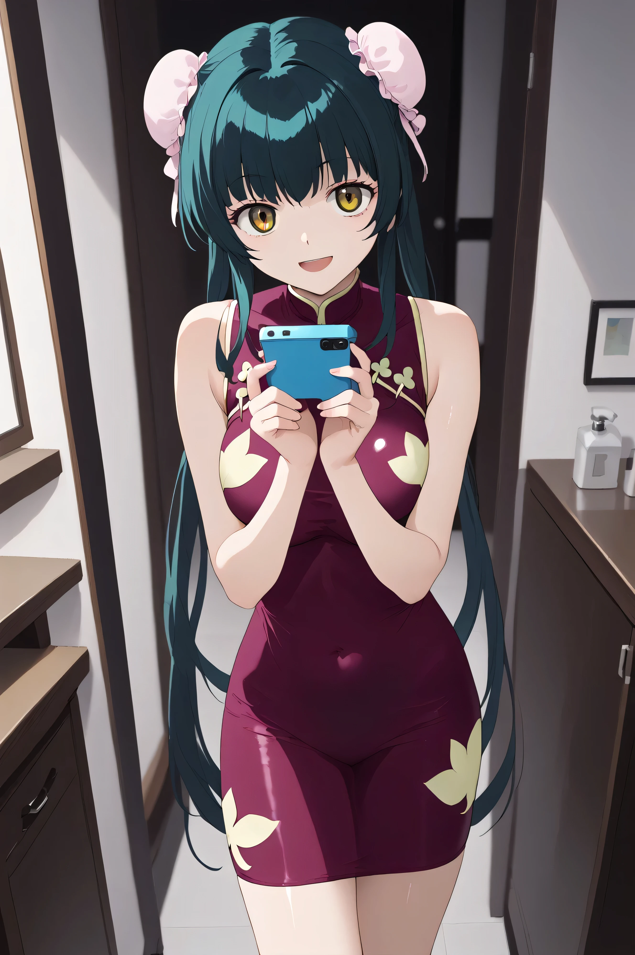 score_9, score_8_up, score_7_up, , Sua_anime, Wang Liumei , 1 girl, solo, , double bang, China Dress, twin blade, dark green hair, cowboy shooting, very long hair, brown eyes, is standing, crazy smile, pink above elbow gloves, sleeveless, purple dress, watching viewers rip their polka dot bikinis, big on the floor, dull forearms on the back , Hair on the back , tilt your neck, , shiny skin:1.4,yandere,