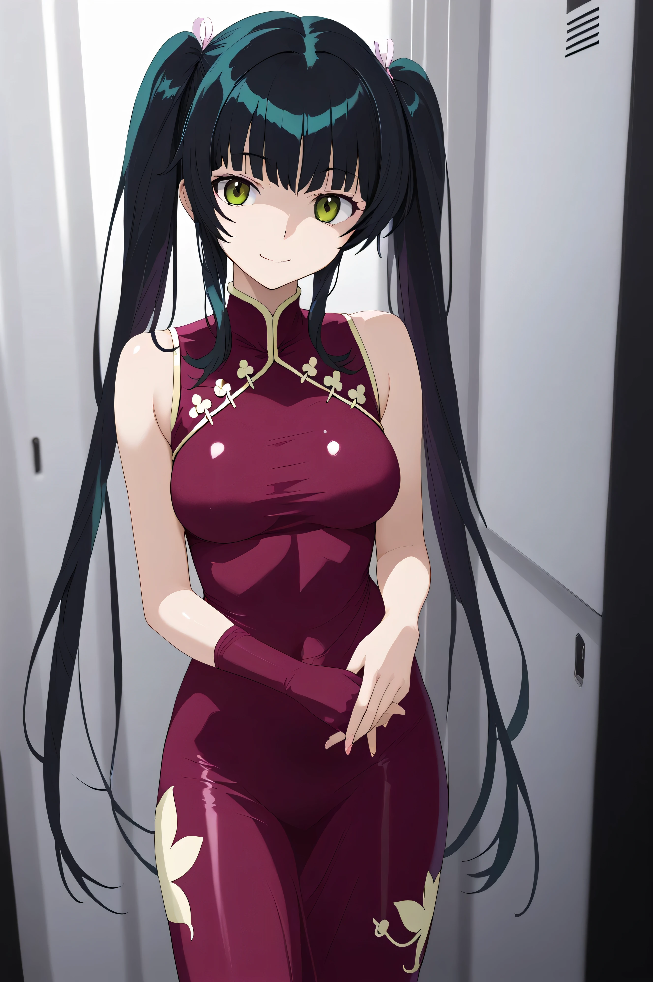score_9, score_8_up, score_7_up, , Sua_anime, Wang Liumei , 1 girl, solo, , double bang, China Dress, twin blade, dark green hair, cowboy shooting, very long hair, brown eyes, is standing, sick smile, pink above elbow gloves, sleeveless, purple dress, watching viewers rip their polka dot bikinis, big on the floor, dull forearms on the back , Hair on the back , tilt your neck, , shiny skin:1.4,yandere,