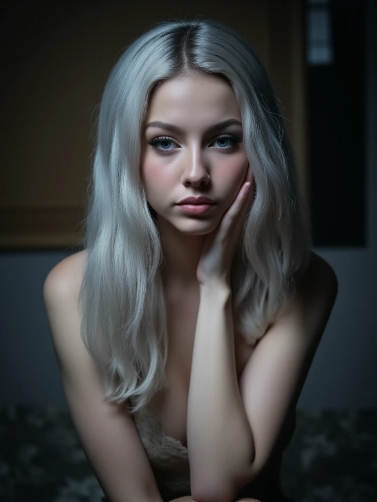 Beautiful girl with white skin, light gray hair, professional photo, realistic, against the backdrop of a dark living room, sits in lotus position and looks straight ahead, modest clothing 