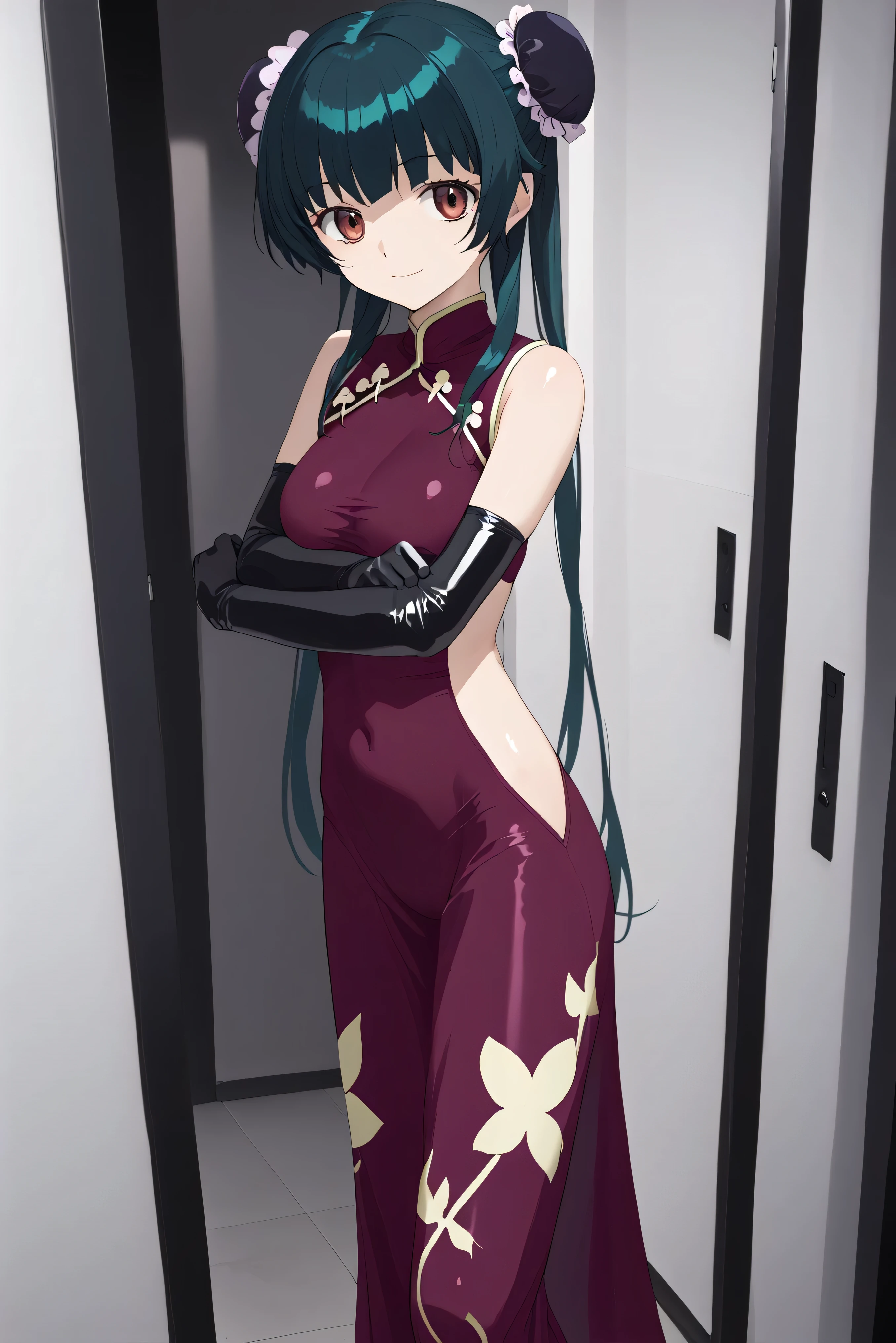 score_9, score_8_up, score_7_up, , Sua_anime, Wang Liumei , 1 girl, solo, , double bang, China Dress, twin blade, dark green hair, cowboy shooting, very long hair, brown eyes, is standing, sick smile, pink above elbow gloves, sleeveless, purple dress, watching viewers rip their polka dot bikinis, big on the floor, dull forearms on the back , Hair on the back , tilt your neck, , shiny skin:1.4,yandere,
