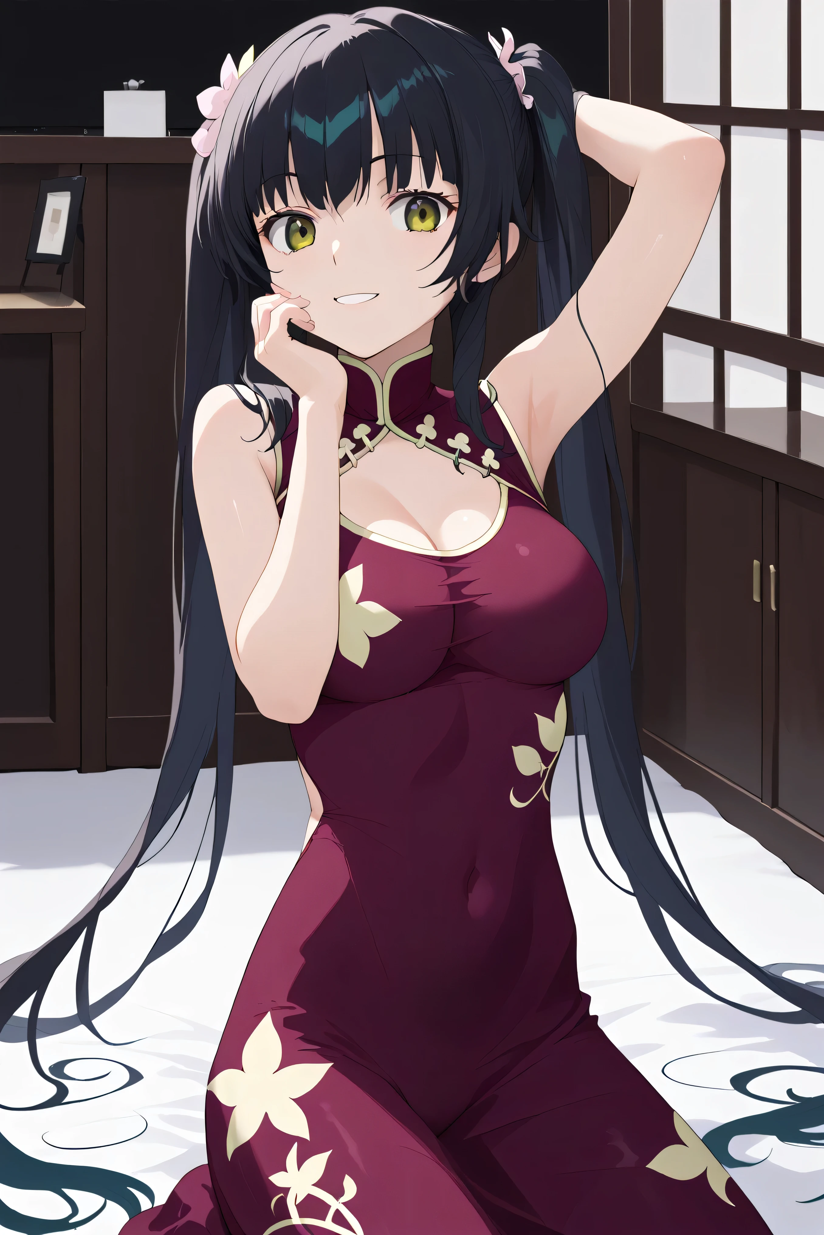 score_9, score_8_up, score_7_up, , Sua_anime, Wang Liumei , 1 girl, solo, , double bang, China Dress, twin blade, dark green hair, cowboy shooting, very long hair, brown eyes, is standing, evil smile, pink above elbow gloves, sleeveless, purple dress, watching viewers rip their polka dot bikinis, big on the floor, dull forearms on the back , Hair on the back , tilt your neck, , shiny skin:1.4,yandere,