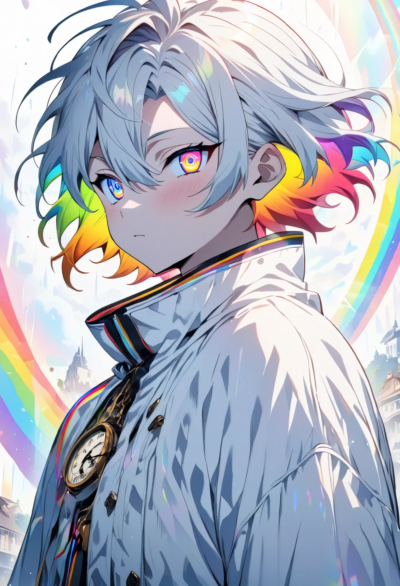 [(WHITE BACKGROUND:1.5)], ((masterpiece)), high quality, ((solo)), ((younger boy)), (men's white color short hair), rainbow inner hair, (rainbow color eye), upper body, bright skin, white parka, ((anime style)), (clock rainbow effect:1.3),