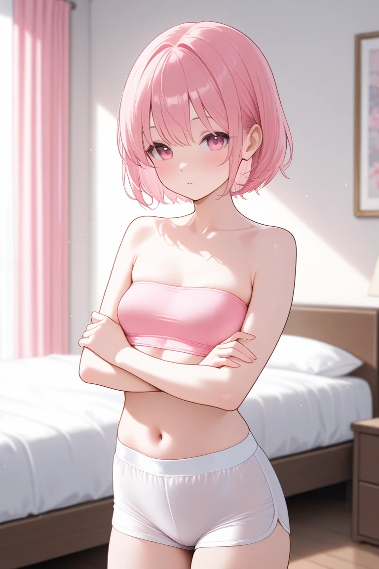 A young girl, short pink hair, green eyes, big tits, wears a loose t-shirt, she is in a bed, she is angry