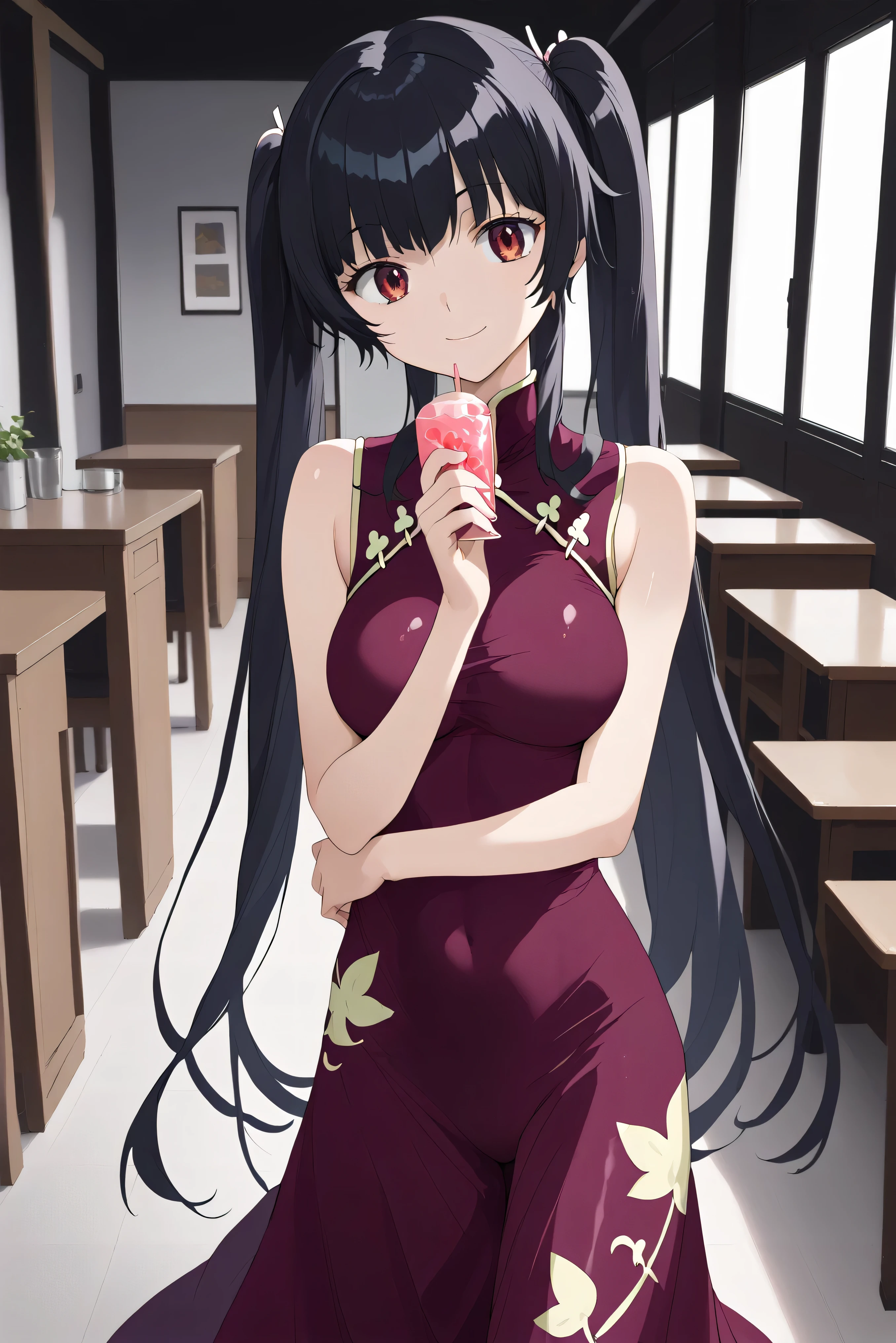 score_9, score_8_up, score_7_up, , Sua_anime, Wang Liumei , 1 girl, solo, , double bang, China Dress, twin blade, dark green hair, cowboy shooting, very long hair, brown eyes, is standing, evil smile, pink above elbow gloves, sleeveless, purple dress, watching viewers rip their polka dot bikinis, big on the floor, dull forearms on the back , Hair on the back , tilt your neck, , shiny skin:1.4,yandere,