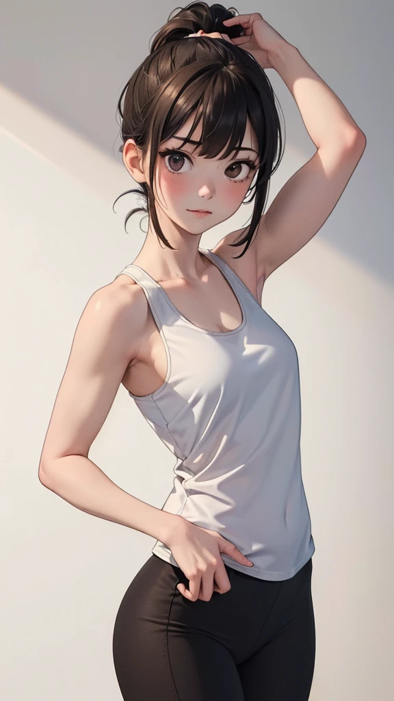 ((masterpiece,Highest quality:1.3,Highest qualityのイラスト)),((Realistic:1.2)),Cowboy Shot,solo,1 Female,18 year old beauty、Black Hair,Short Bob Hair,(Center parted bangs),Iris,(Gorgeous big eyes),((very small head:1.4)),shy,smile,((Slender body:1.2,skinny)),(Sunburn:1.4),Small breasts,(White tank top、School gymnasium red bloomers),Glowing Skin,Oily skin,Slender body,Sweat,Raise the hand,Show off your armpits、Athletics Stadium、Tokyo、Pussy juice