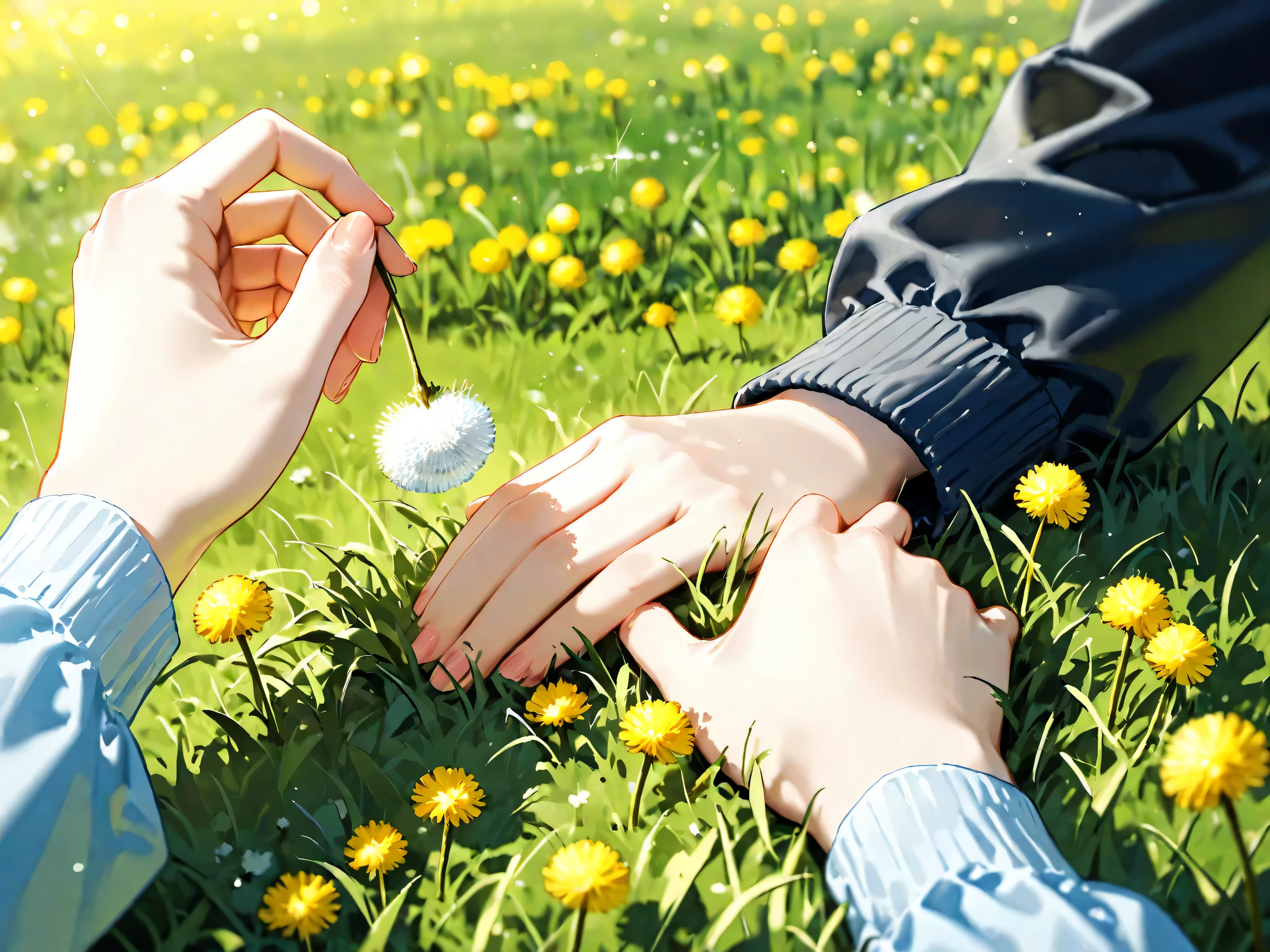 Beautiful girl anime. 8K quality. A close-up of a girl lying face down in the grass, holding a dandelion in her hand, The focus is on the girl and while the background in front and behind them is blurred. Telephoto lens effect. Bright spring sunlight. The setting is the natural grasslands of Northern Europe. Shadows are used effectively to create a three-dimensional image.