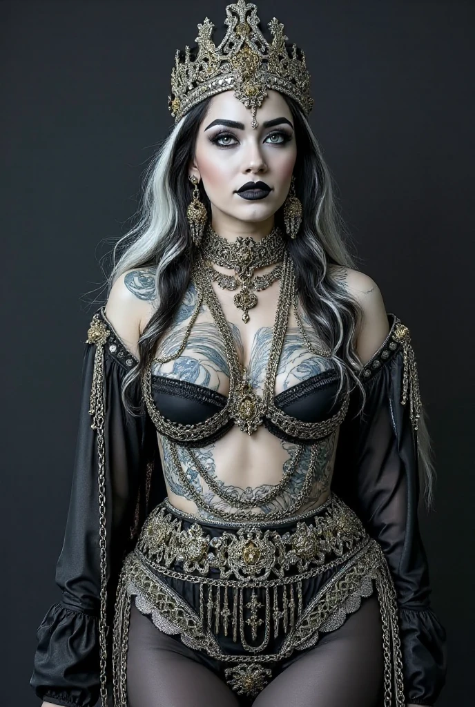 A female tattoo artist with a viking hairstyle, long flowing hair, and white and purple hair. Her hair is intricately braided with beads and feathers. She has piercing blue eyes that captivate anyone who gazes into them. Her lips are full and painted with a deep shade of red. She is wearing a leather apron, adorned with various tattoo machine accessories. The studio is filled with the buzzing sound of the tattoo machine and the scent of ink. Colorful tattoo designs are displayed on the walls, showcasing her artistic skills and creativity. The artist is working on a client's arm, carefully crafting a vibrant and detailed sleeve tattoo. The tattoo design incorporates elements of Norse mythology, with intertwining dragons and Nordic symbols. The lighting in the studio is dim, accentuating the vibrant colors of the tattoos and creating a mysterious atmosphere. The overall image quality is high-resolution, bringing out every intricate detail of the tattoos. The artwork has a realistic and vivid style, with the colors popping out and creating a visually stunning effect. The color palette consists of deep purples, blues, and hints of vibrant red, giving the image a mystical and enchanting vibe. The scene is illuminated by soft, warm studio lighting, casting subtle shadows and adding depth to the image. The artist's talent and passion are evident in her focused expression and precise movements as she creates her art. The overall atmosphere is that of creativity, artistry, and empowerment, capturing the spirit of a female tattoo artist in her element.