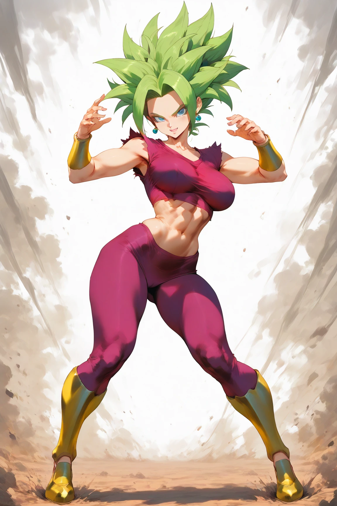 Super Saiyan Kefla unleashes a colossal energy wave that shatters the ground and creates a massive shockwave. He stands on a rocky terrain with a stormy sky in the background. The energy wave is a mix of pink and yellow hues with a swirling pattern. (dark:1.2), (epic:1.3), (chaotic composition:1.2), (metallic:1.1), (gritty texture:1.1), (comic book:1.2), (((3D))), (((realistic))), girl, big tits