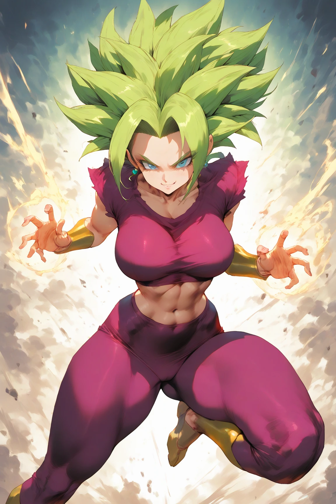 xyzkefla, masterpiece, best quality, green hair, muscular female, green eyes, ((wearing a white tshirt)), (black panties), bracer, midriff, looking at viewer, open mouth, furrowed brow, angry, rock formations, standing,