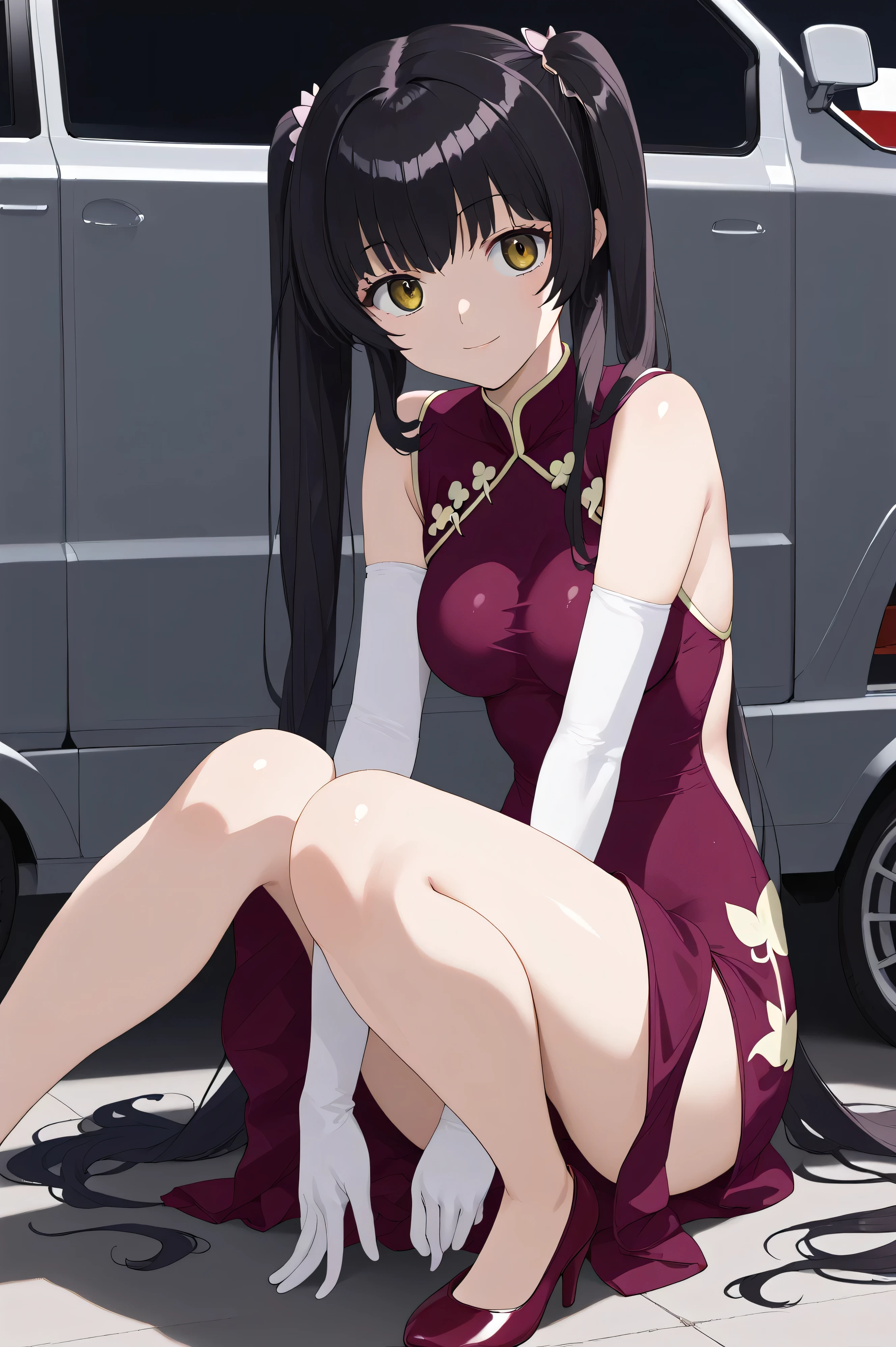 score_9, score_8_up, score_7_up, , score_anime, Wang Liumei , 1 girl, solo, van cover, double bang, China Dress, twin blade, dark green hair, cowboy shooting, very long hair, brown eyes, is standing, evil smile, pink above elbow gloves, sleeveless, purple dress, watching viewers rip their polka dot bikinis, big on the floor, dull forearms on the back , Hair on the back , tilt your neck, , shiny skin:1.4,yandere,