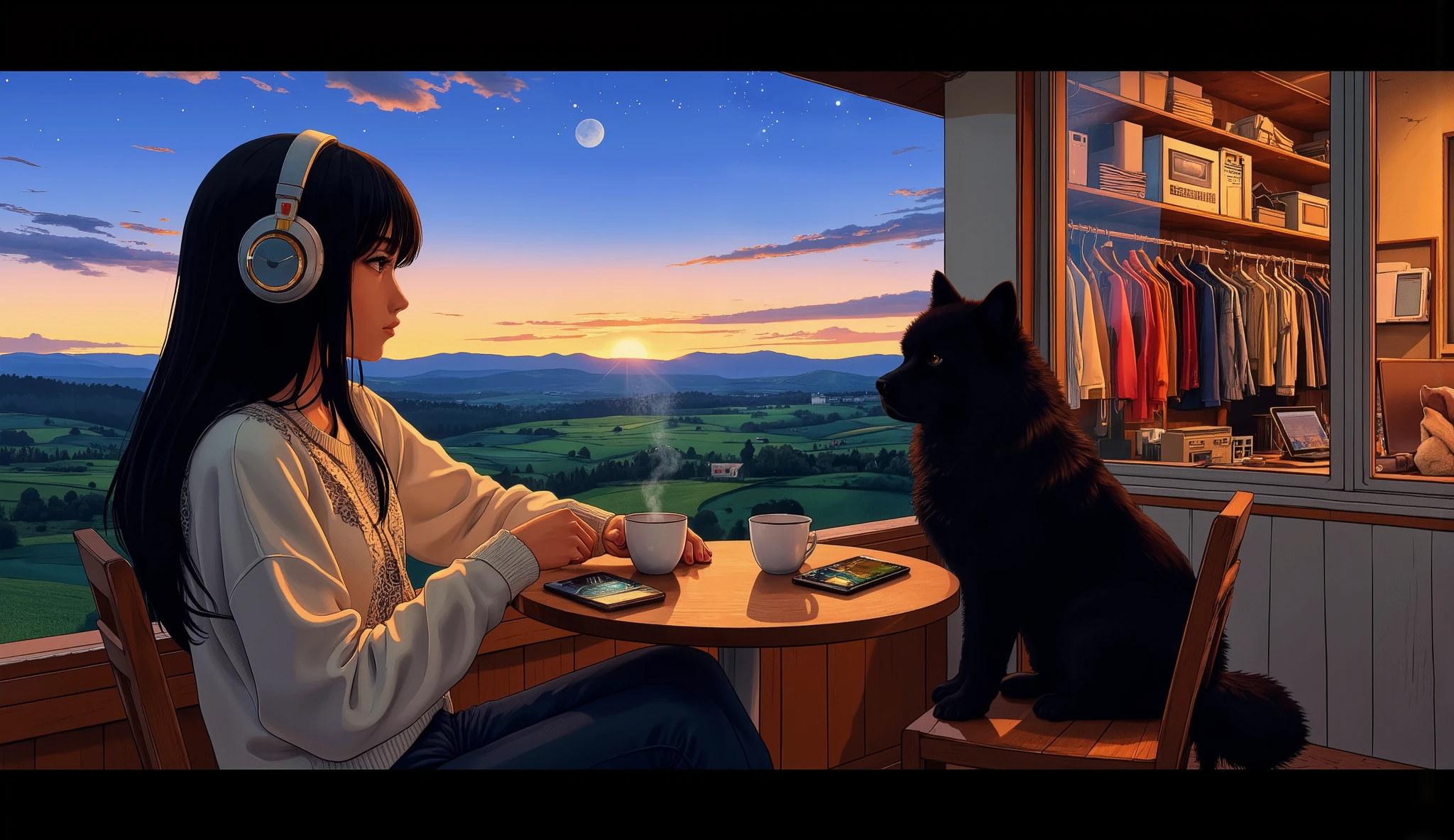 A stunning 3D anime-style scene featuring a Brazilian girl with darker skin tone, brown eyes, long straight black hair, stunning and beautiful artwork, bright shadows, bold colors and a black-coated Chow Chow dog, sitting on the cozy terrace of a rooftop cafe at dusk, overlooking a vibrant landscape of fields. The girl is wearing large headphones and a warm sweater, holding a cup of steaming coffee. She looks out over the fields in deep thought, immersed in the music. The Chow Chow dog is sitting next to her, looking cool but calm and happy. The background features a window of a age girl’s messy bedroom, with a tablet, computer, bookshelves, radios, computer, laptop, clothes and a landscape of lush green fields and a starry sky at dusk. Soft ambient lighting and a cinematic depth of field create an immersive and dreamy lofi vibe. A light mist in the air adds to the atmosphere. The entire composition is created to be relaxing, nostalgic and visually stunning, like a backdrop for a lofi music animation. The scene is a perfect blend of anime aesthetics, warm lighting, and cyberpunk tones, evoking feelings of peace and inspiration.