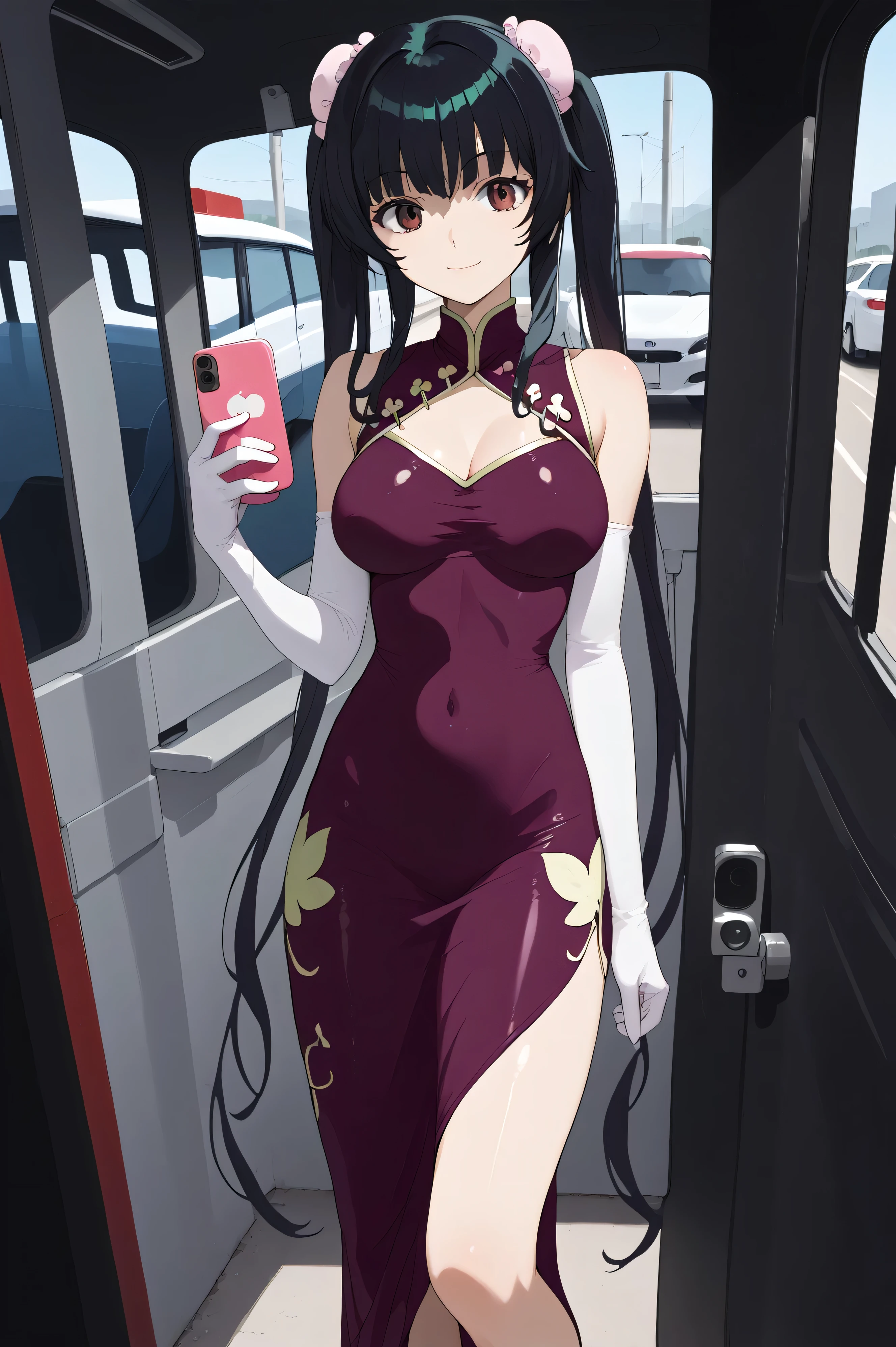 score_9, score_8_up, score_7_up, , score_anime, Wang Liumei , 1 girl, solo, van cover, double bang, China Dress, twin blade, dark green hair, cowboy shooting, very long hair, brown eyes, is standing, evil smile, pink above elbow gloves, sleeveless, purple dress, watching viewers rip their polka dot bikinis, big on the floor, dull forearms on the back , Hair on the back , tilt your neck, , shiny skin:1.4,yandere,