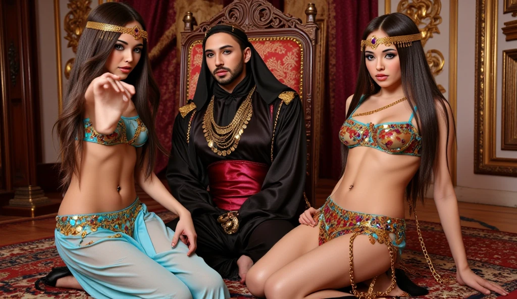there are two people dressed in costumes standing next to each other, tom bagshaw and sabbas apterus, still from a music video, she is dressed as a belly dancer, group of people in an elevator, 7 0 s visuals, fantastic details full faces, still frame from a movie, medieval peasants, fashion week backstage, by Andrei Kolkoutine, boho, preraphaelite  