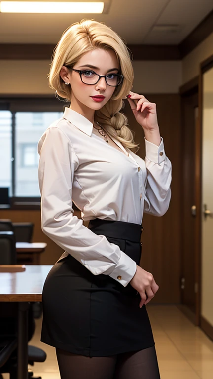 I want you to design a secretary with blonde hair, slightly curly hair, glasses, wearing a white business shirt and miniskirt, leaning towards the table but looking back.