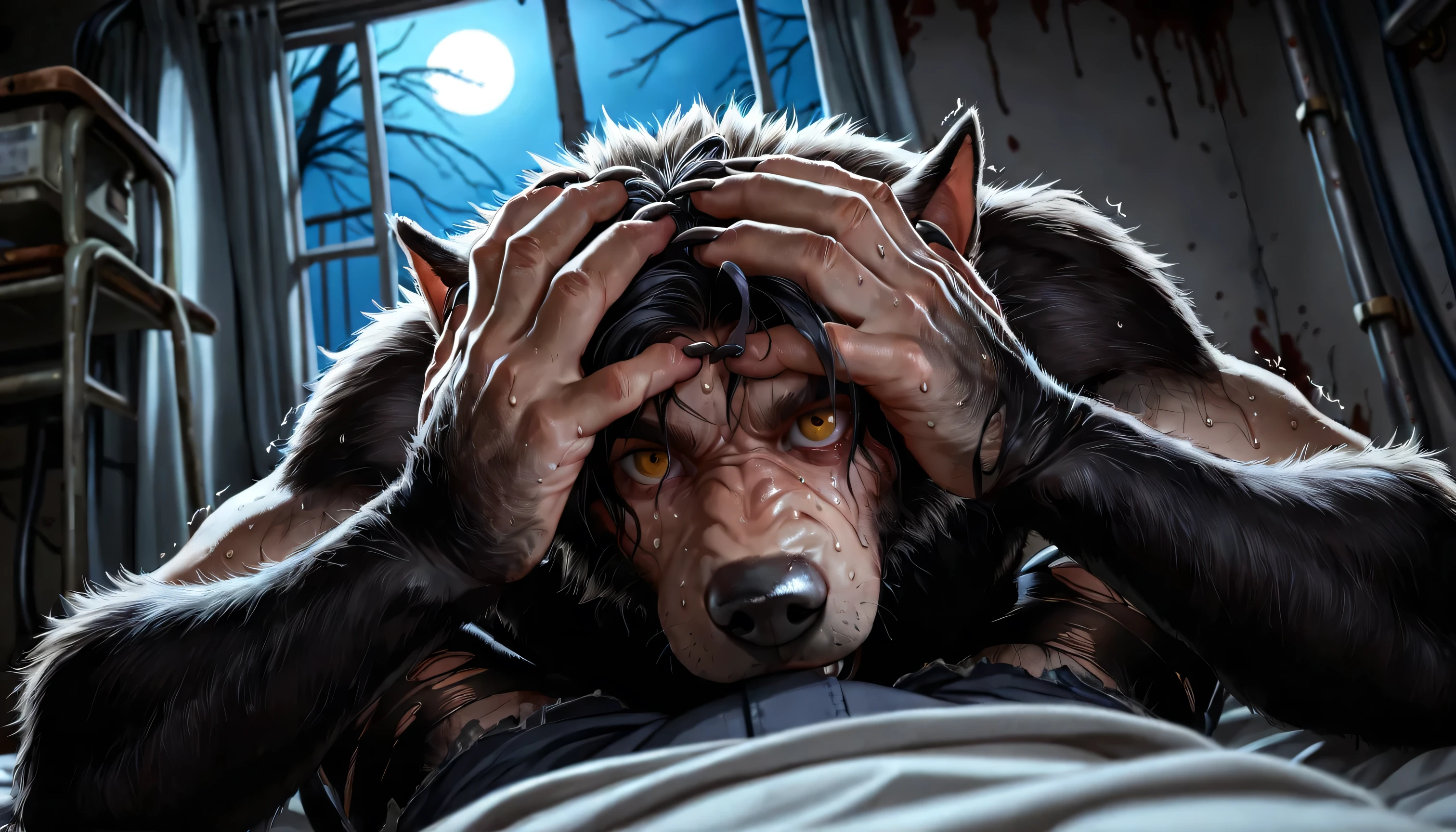 Pov, looking at own body, own hands, Werewolf:1.3, Werewolf transformation, body, morfing, paw:1.3, animal toes, grey thick fingers, claws, ((fur)), shaking:1.1, sweating, thick fingers, torn clothes, torn socks, deep night, ((darkness, dramatic moonlight, night)), abandoned hospital, ((Ultra-detailed, Realistic, realistic:1.37), 4k, 8k, RAW, HDR, UHD, Canon EOS P3, Canon EOS R3, 85mm f/1.4, 15mm, 35mm, 80mm, f2.8, high resolution, hd, full colour, 4k, high definition, sharp focus, smooth, Professional, cinematic, extreme detail, (high detail:1.4) description, masterpiece, deep shades, best quality,))