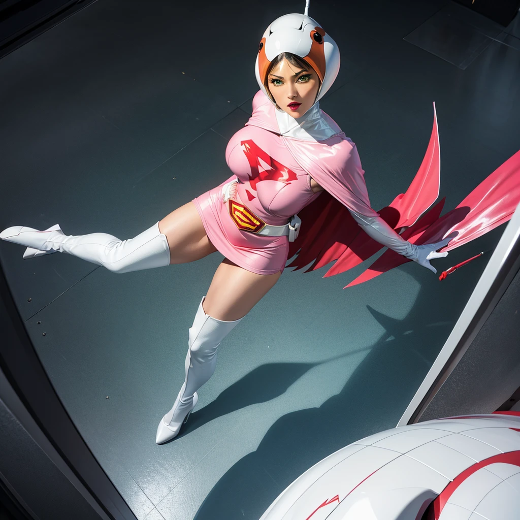 ANI_CLASSIC_jun_gatchaman_ownwaifu,1girl, 15yo,good anatomy, masterpiece, best quality,realistic, hyperrealistic, 16k hdr, long hair,breasts,green eyes,lips,large breasts,lipstick,makeup,gloves,cape,helmet,belt,elbow gloves,white gloves,mask,ultra miniskirt,leotard,spacesuit,white tight overknee highheels boots,pink dress,superhero,bodysuit,cleavage,erected nipples,(sexy pose,view from above),(spread legs:1.1),cameltoe