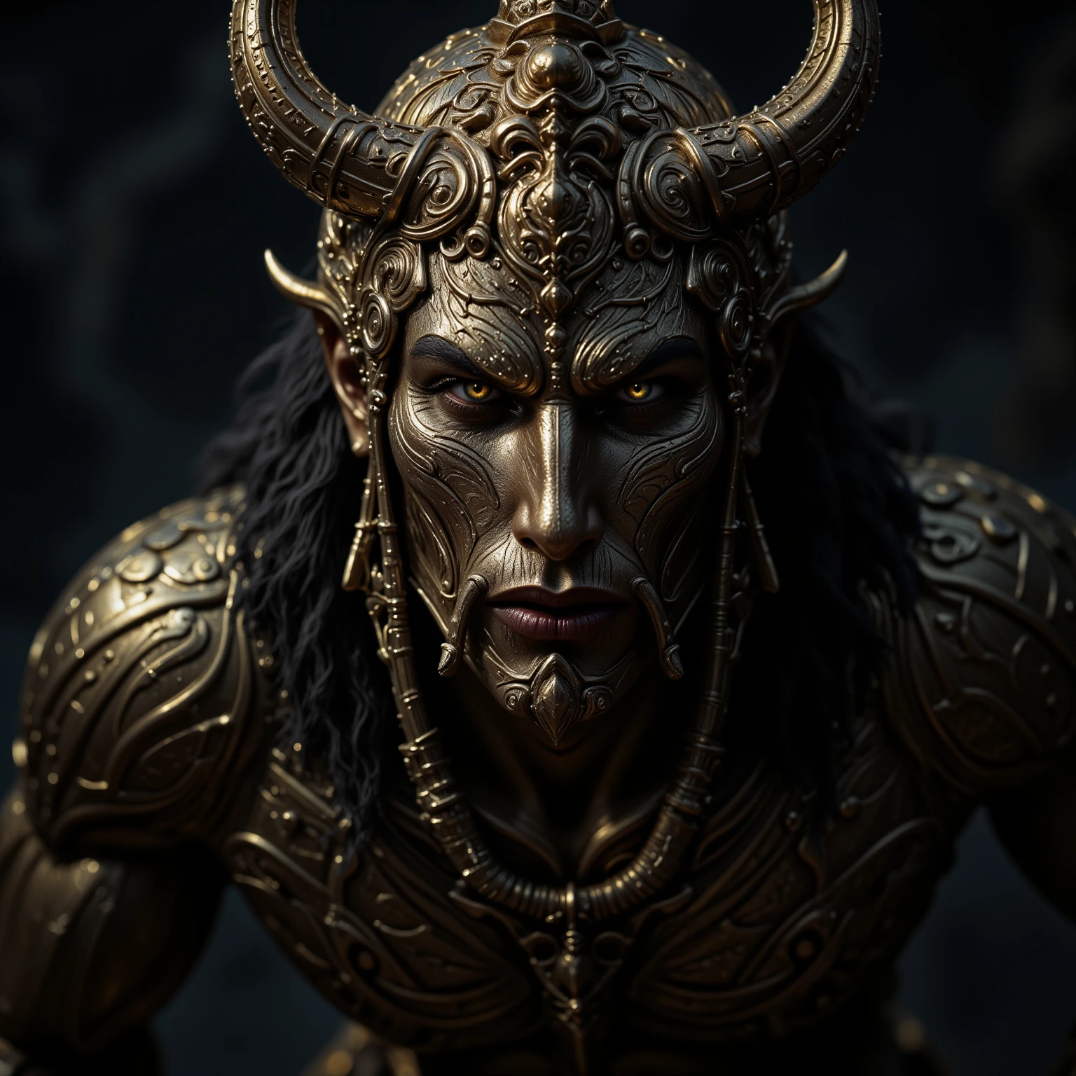 arafed male with horns on his head and a body, digital art inspired by Ryan Barger, zbrush central contest winner, digital art, portrait demon half human, fit male demon with white horns, cinematic bust portrait, hyperdetailed fantasy character, zbrush art, zbrush 3 d render, horned god, extreme detailed face and body, sculpted in zbrush --auto --s2