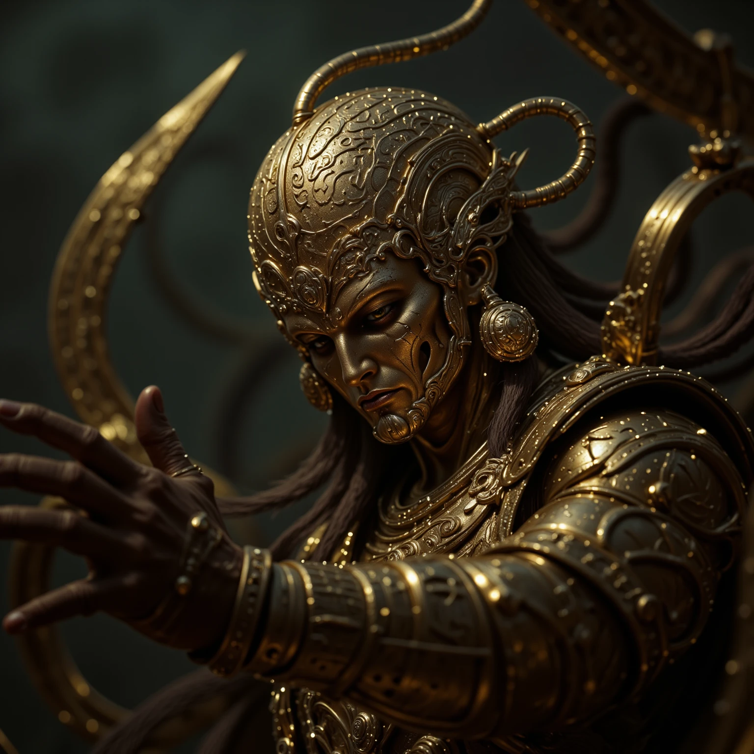 a deadly mimic transforming from an eldritch horror of tentacles and teeth back into a golden buddha statue, bones litter the surrounding dungeon, highly detailed, cinematic lighting, dark fantasy, muted colors, dramatic shadows, photorealistic, 8k, masterpiece
