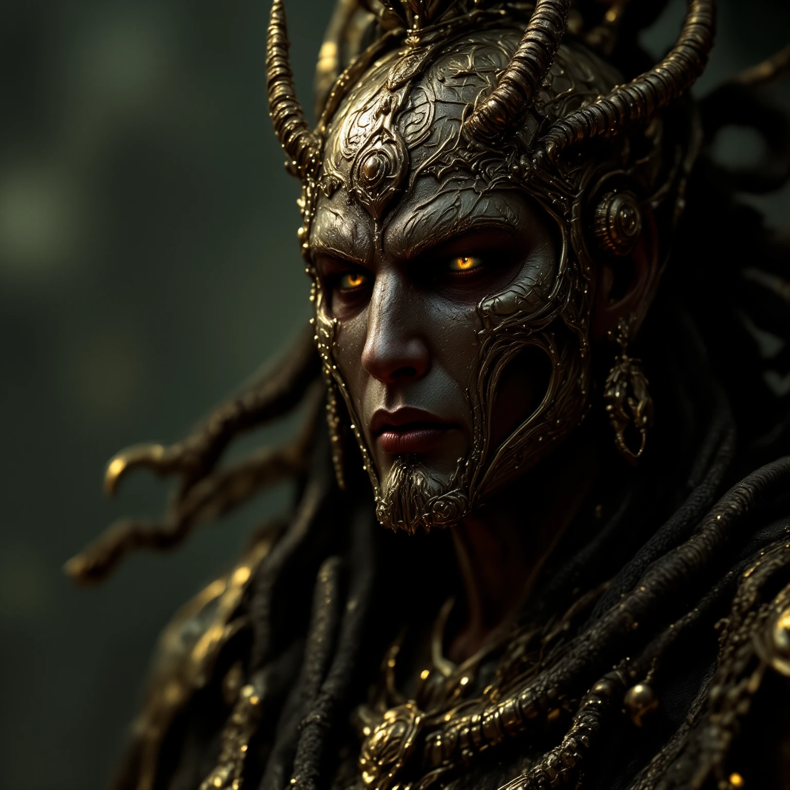 dark fantasy. Cthulhu-like man. Tentacles in the mouth. Her accessories include a sparkly crown and a shiny gold plasma black body cover.. black skin. eyes shining, lens flares, fisheye lenses, perfect composition, beautiful, detailed, intricate, increíblemente detailed, octane rendering, trend on Artstation, 8k art photography, Photorealistic concept art, Soft natural volumetric cinematic perfect light., chiaroscuro, award-winning photography.