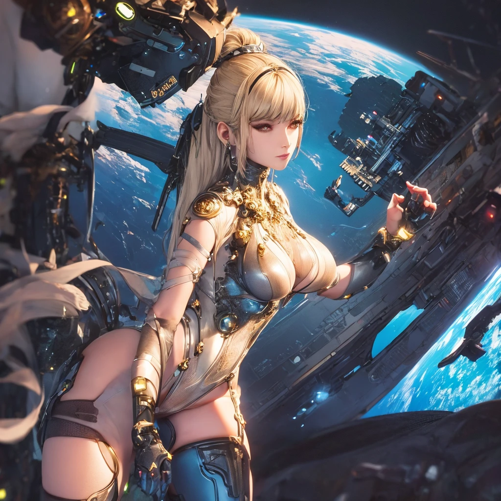 Eve with huge breasts in micro nanosuit with huge cleavage in space