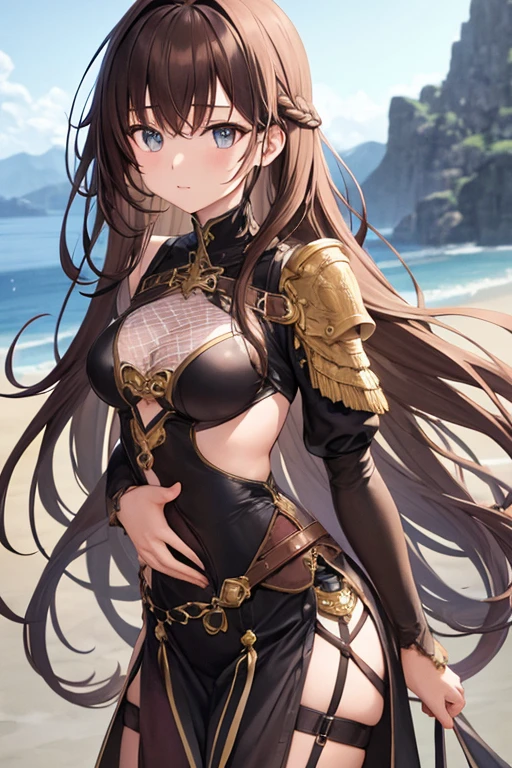 masterpiece, game CG, poster, highest resolution, official illustration, three-dimensional coloring, detailed Coloring, detailed description, artistic beauty, 1girl,solo,shy, facial features sharp Face,cleavage### Character Design: Kangaskhan (ガルーラ) Inspired Anthropomorphic Female Character
#### Physical Features
- **Hair**: Medium-length and voluminous with a rich, earthy brown color. The hair is styled in large, soft waves, reflecting Kangaskhan’s nurturing and protective nature.
- **Eyes**: Strong and determined with a deep, warm brown color. The eyes have a caring and fierce expression, capturing Kangaskhan’s maternal instincts.
- **Skin**: Smooth and light brown with a slightly rugged texture. The skin has a strong, resilient appearance, mirroring Kangaskhan’s robust physique.
- **Figure**: Muscular and powerful, with a strong, protective build that emphasizes Kangaskhan’s role as a caregiver and guardian.
#### Outfit
- **Top**: A fitted, sleeveless top in earthy brown with reinforced, padded sections on the shoulders and chest. The top features a high collar and subtle, rugged accents that reflect Kangaskhan’s tough exterior.
- **Bottoms**: High-waisted shorts in m
#### Outfit
- **Top**: A fitted, sleeveless top in earthy brown with reinforced, padded sections on the shoulders and chest. The top features a high collar and subtle, rugged accents that reflect Kangaskhan’s tough exterior.
- **Bottoms**: High-waisted shorts in matching earthy brown with reinforced padding on the hips. The shorts have a rugged, durable design that complements the top and enhances the protective, strong theme.
#### Outfit
- **Top**: A fitted, sleeveless bodysuit in light blue with a central swirl pattern that matches Poliwag’s design. The bodysuit features subtle, water-themed accents and a high collar.
- **Bottoms**: High-waisted, playful shorts in matching light blue. The shorts have a smooth, glossy finish and feature a swirl pattern on the sides, enhancing the aquatic theme.