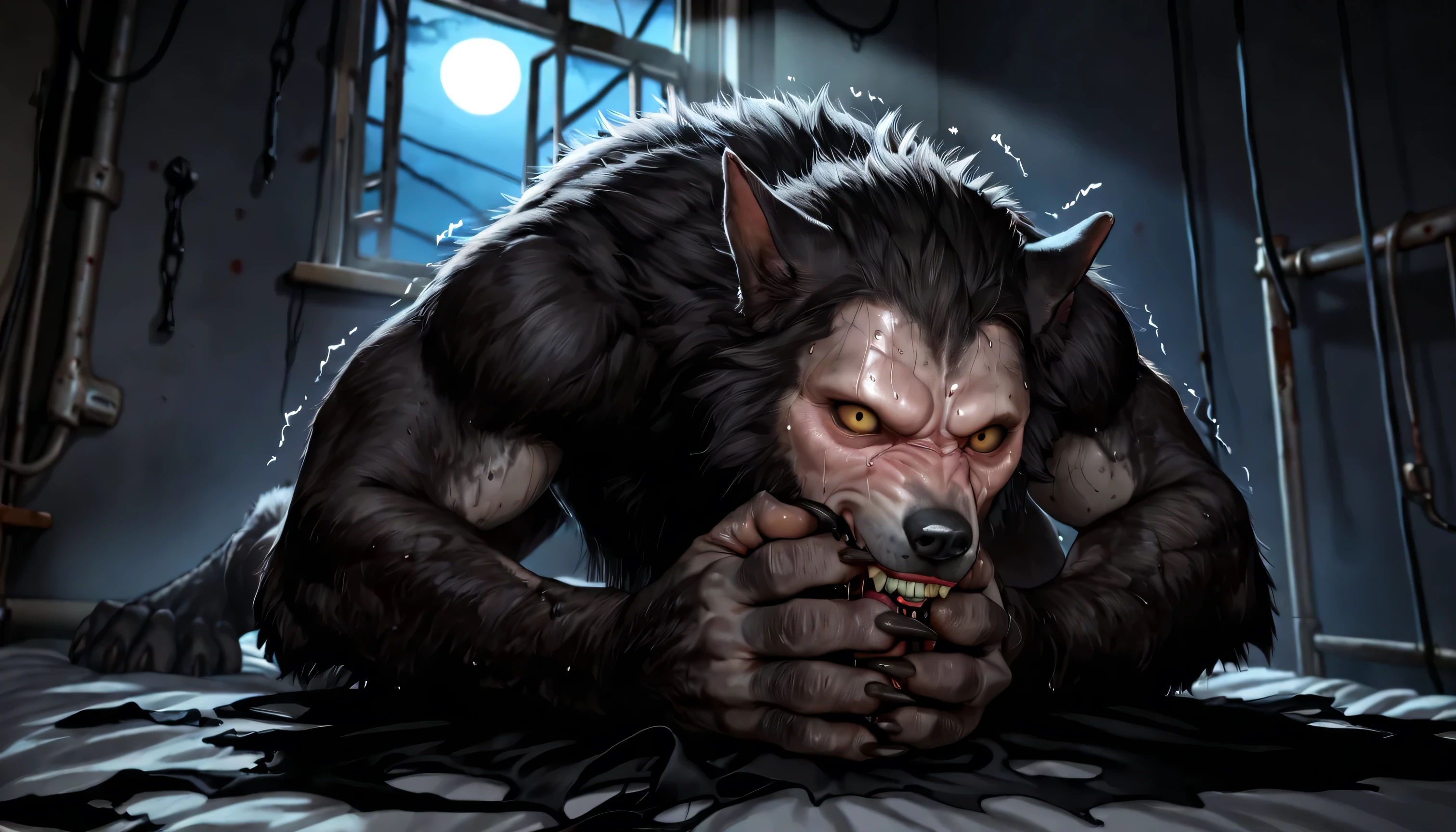 Pov, looking at own body, own hands, Werewolf:1.3, Werewolf transformation, body, morfing, paw:1.3, animal toes, grey thick fingers, claws, ((fur)), shaking:1.1, sweating, thick fingers, torn clothes, torn socks, deep night, ((darkness, dramatic moonlight, night)), abandoned hospital, ((Ultra-detailed, Realistic, realistic:1.37), 4k, 8k, RAW, HDR, UHD, Canon EOS P3, Canon EOS R3, 85mm f/1.4, 15mm, 35mm, 80mm, f2.8, high resolution, hd, full colour, 4k, high definition, sharp focus, smooth, Professional, cinematic, extreme detail, (high detail:1.4) description, masterpiece, deep shades, best quality,))