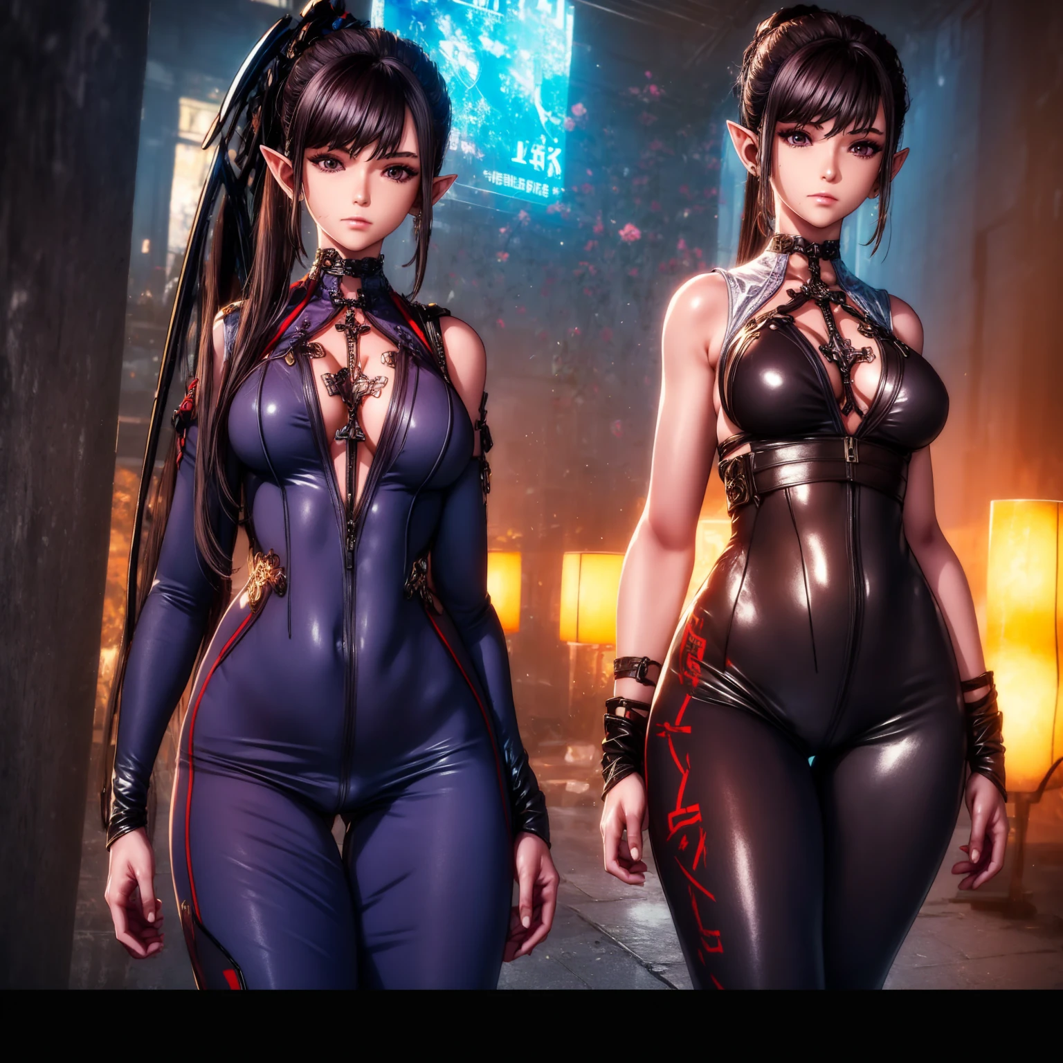 (sketch), (mysterious mood), Score_9, score_8_up, score_7_up, 2girl, 2 beautiful young women with long hair, breasts, looking at the viewer, large breasts, brown hair, cleavage, bare shoulders, cleavage, brown eyes, Shut up, upper body, ponytail, red Japanese clothes, sleeveless, high-cross legs, hips, collar, blur, arms, lips, bangs, belt, high ponytail, rope, armband, fighting pose, ninja, Mai Shiranui, Cleavage, large breasts, exposed bikini breast details, clothing may unintentionally fall apart (fall apart), become embedded (causing clothing to pull on the crotch), crop tops may rip and tops may slip off (causing exposure). Side soft light, highly detailed, masterpiece, delicate skin, Hong Kong style woman, rotten horn ghost mask and retro detailed old turtleneck cyberpunk samurai bikini, translucent amber horns, glowing silver hair, big breasts, cleavage, navel, Surrounded by cyberpunk Japanese street, dark, (surrealism, large depth of field, color, 3D octane rendering, 4k trend, concept art, B0ld01lp41nt, dark theme, charcoal\(center\), photo_b00ster
