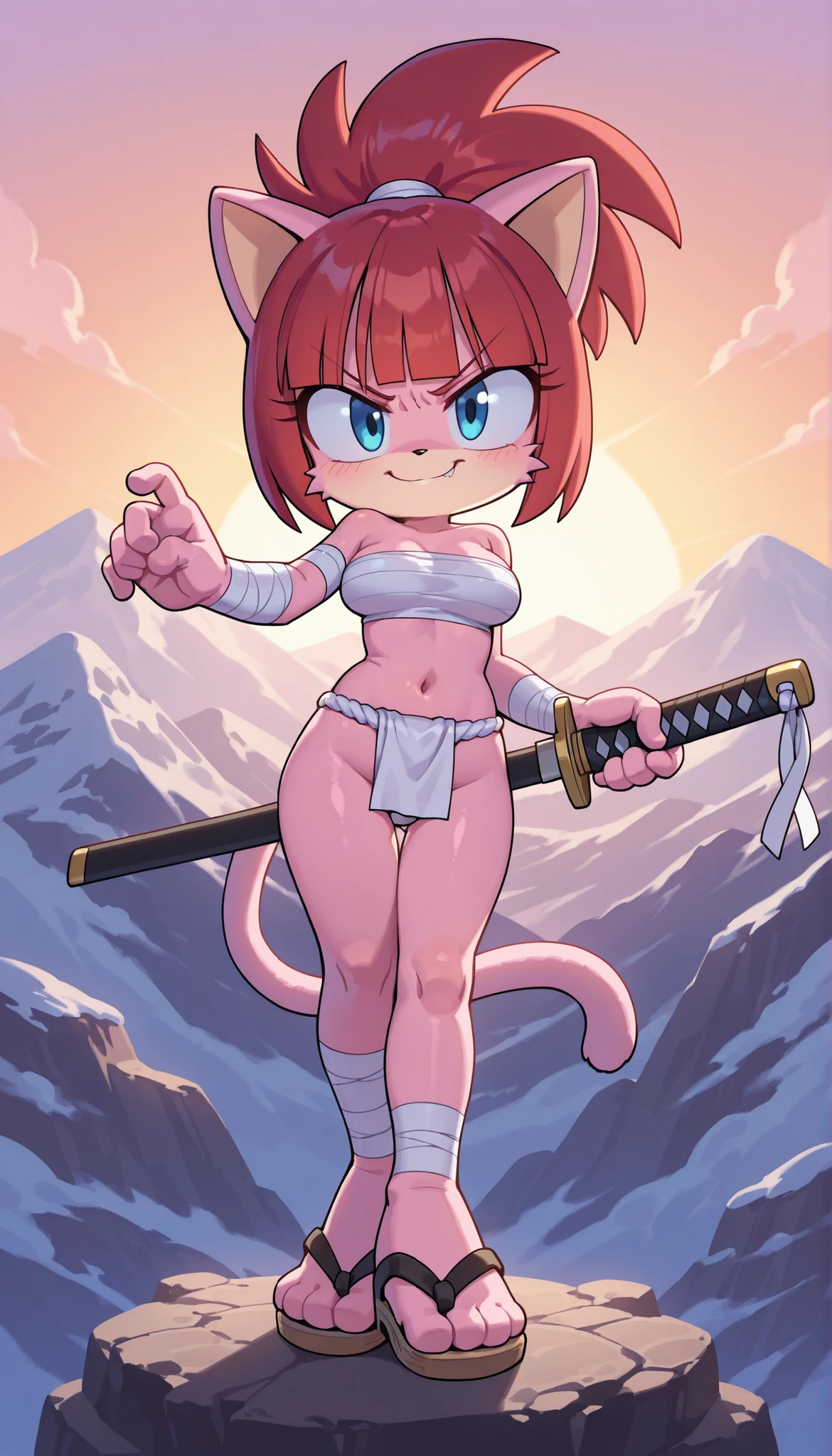 core_9, score_8_up, score_7_up, score_6_up, score_5_up, score_4_up, BREAK, source_anime, solo, 1girl, haruno sakura, pink hair, short hair, green eyes, angry, full-face blush, embarrassed, teeth, pink cat lingerie, (cocksock), cat tail, cat ear hair band, cat gloves, collar, bell, zettai ryouiki thighhighs, looking at viewer, (sagging huge_breast:1.2), erect nipples, dirty dark large areola, (skinny, slim legs, small hip, narrow waist), milf, (short stack:0.5), (futa, erect dirty penis, , cum burst), natural (black:1.2) armpit hair, Unshaven black Pubic Hair, pet play, nsfw, front view, (high kick, leg up), in the Forest, Dutch angle