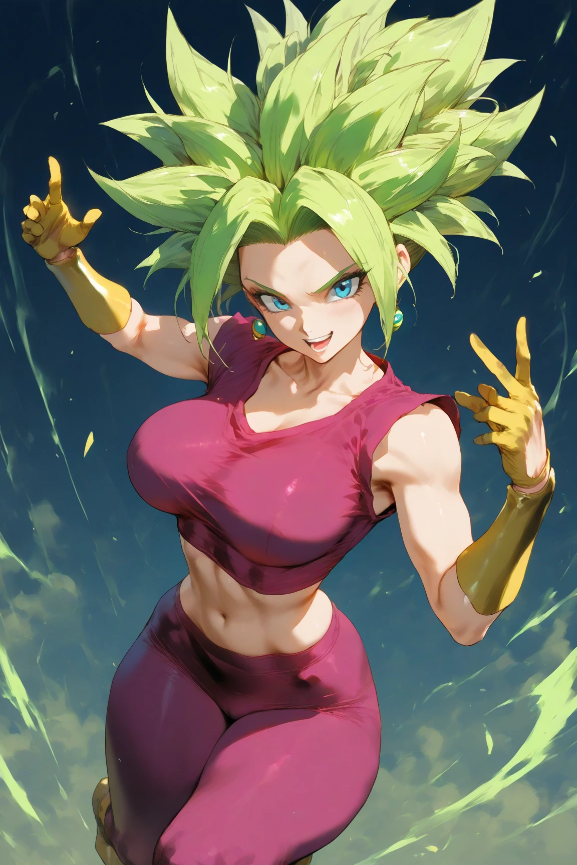 (melhor qualidade,tmasterpiece), cabelos verdes, brincos verdes, Yoga pants for, yoga bom, pele apertada, smug, sorrir, Kefla, seios grandes, cintura fina, The light from the back window is backlighted,Espalhe as pernas,Atire de baixo
