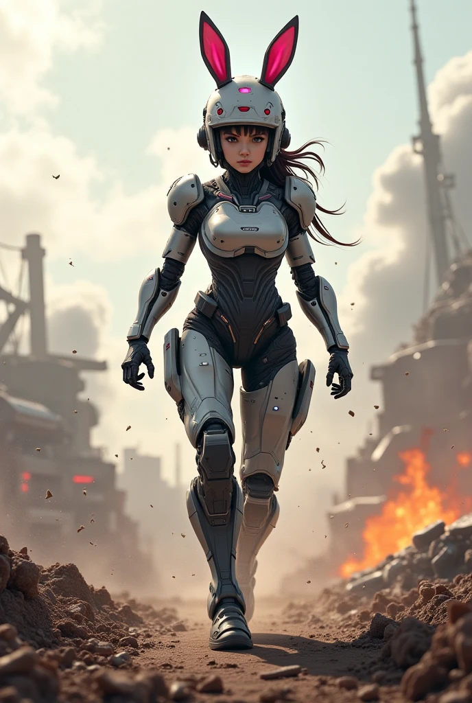 nsfw, anime screencap, 16K, perfect anatomy proportion body, perfect hands, action, A dynamic composition with a sense of speed and movement, (open cockpit, Ride a large, heavily armored, mechanical, military bipedal robot:1.6), a wife, 40age, perfect beautiful delicate sexy face, perfect beautiful delicate slanted eyes, red hair, swept bangs pixie cut, medium breasts, Camouflage colored heavy armor robotic steam engine full armor powered suit, Many robot soldiers having a gunfight in the background, Flying bullets, Desert Battlefield, war, Post-apocalyptic,