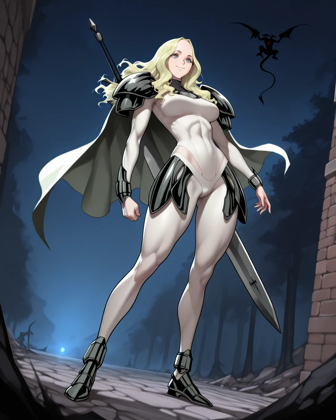 anime waifu bodybuilder, beautiful face, smiling face, green eyes, scar on left eye and nose, perfect body, fit body, looking at the viewer, posing with strong arms, abdomen, large breasts, muscular, ((hair) long and blonde), sarashi white chest, sarashi, underboob, breasts bandages, arm bandages (insanely detailed, beautiful detailed face, masterpiece, best quality) volumetric lighting, (looking disgusted), konosuba, (torn cape at the tip covering the body of black color, and hood covering the head of black color), character A2, (white and torn bandages on the arms and legs), image taken from below, focus on the legs, high quality