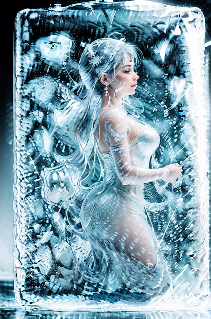 best quality,ultra-detailed,ice sculpture of a woman,realistic,glowing ice sculpture,feminine features,detailed ice carving,sparkling ice,ethereal beauty,delicate ice details,crystal clear ice,subtle lighting,icy color palette,captivating ice artwork